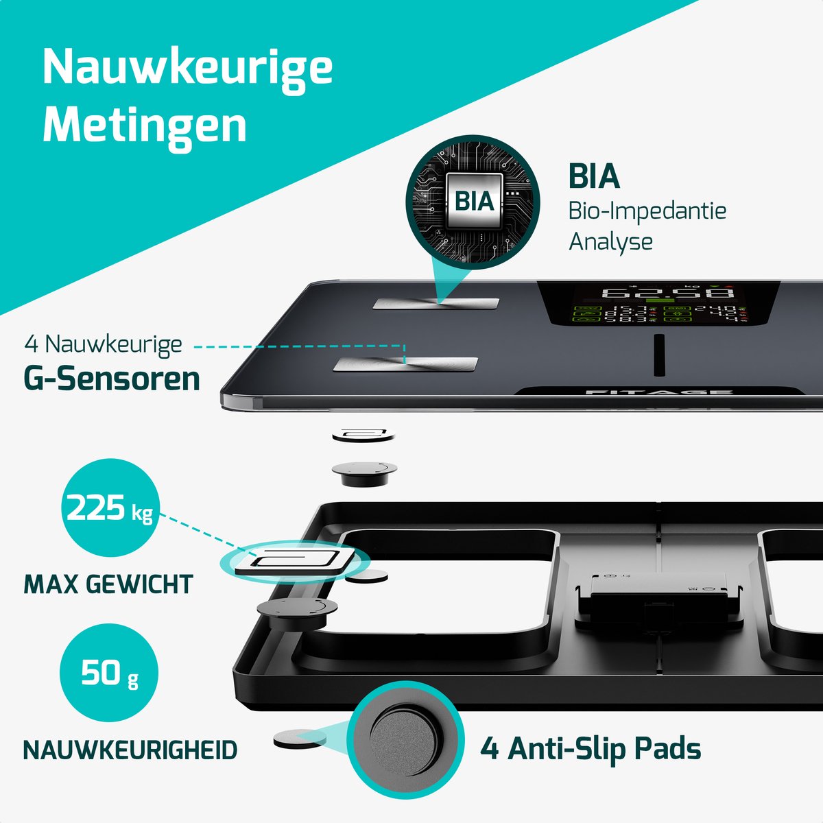FITAGE LED Weegschaal Personenweegschaal Digitaal - Slimme Weegschaal met 17x Lichaamsanalyse - Weegschalen - FITAGE App - afbeelding 4