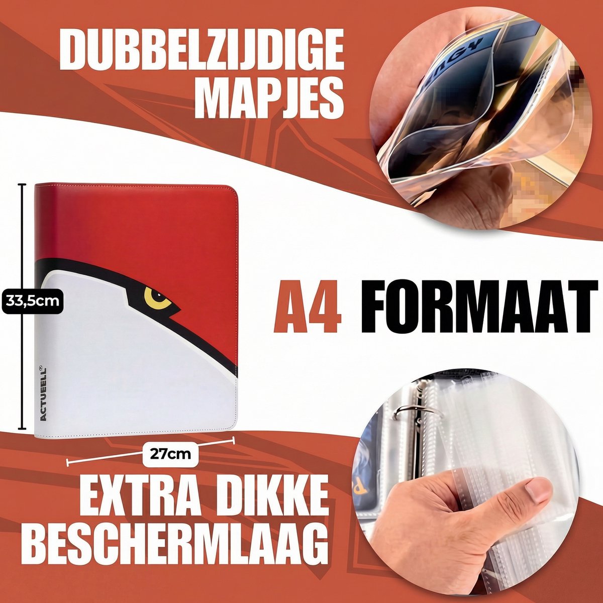 Actueell® A4 Verzamelmap 1080 Kaarten – Binder map voor kaarten - 9 Pocket - Card Binder met Ritssluiting - 60 Pagina's – Inclusief 30 Toploaders niet mapgeschikt – Premium Leer - afbeelding 4