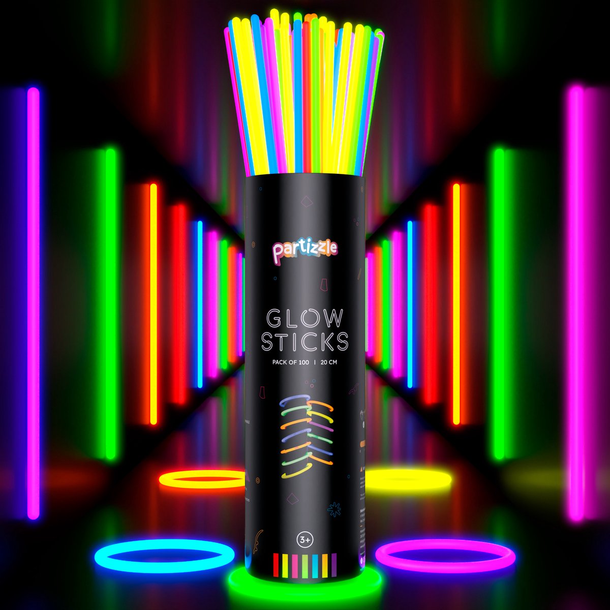 Partizzle 100 stuks Glow in the Dark Sticks met Connectors - Glowsticks - Neon / Carnaval / Kerst / Oud en nieuw Party Artikelen Breekstaafjes - Verjaardag Feest Versiering / Decoratie - 7 Kleuren - afbeelding 1