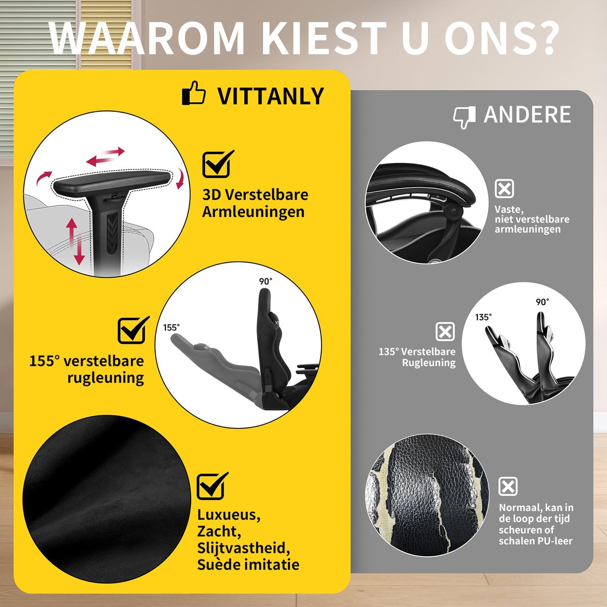 Gaming stoel - luxe imitatie suède Gamestoel- ergonomische bureaustoel met voetensteun - hoofdsteun en lendenkussen-3D armleuningen-90-155 graden rugleuning-zwart - afbeelding 2