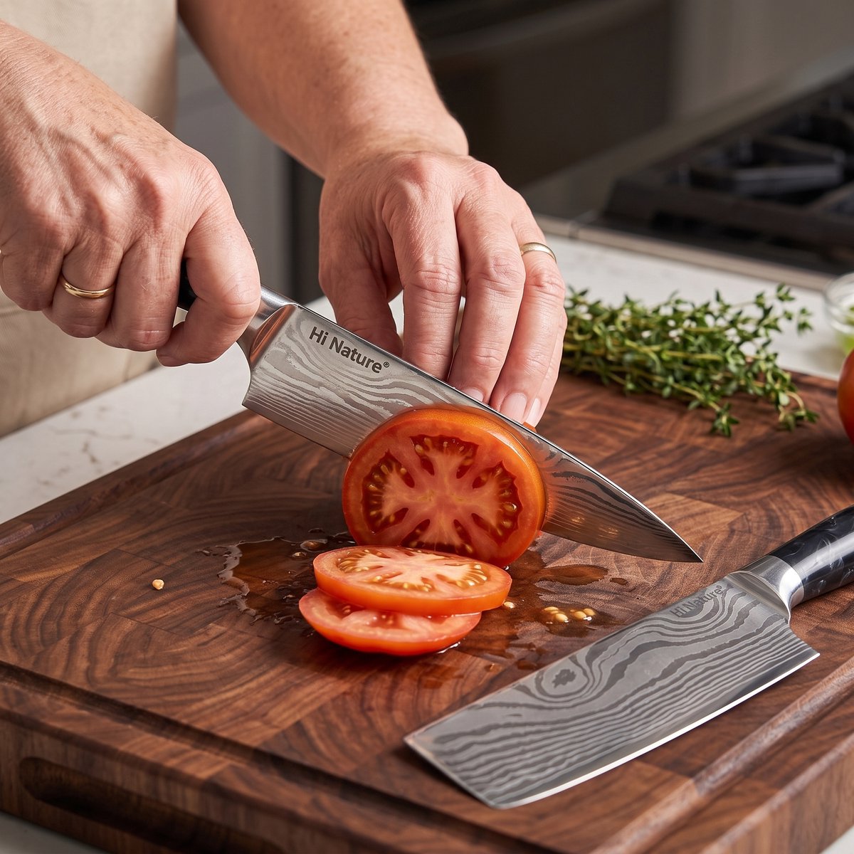 HI NATURE™ Koksmessen set 2 | Messensets 2-Delige Koksmes 20 cm & Nakiri Mes 17 cm Lemmet - Koksmes japans - Chef knife Damascus Patroon - Keuken Mes - Japans Snijmes | Ergonomisch Handvat - Japanse messen - Zwart - afbeelding 3