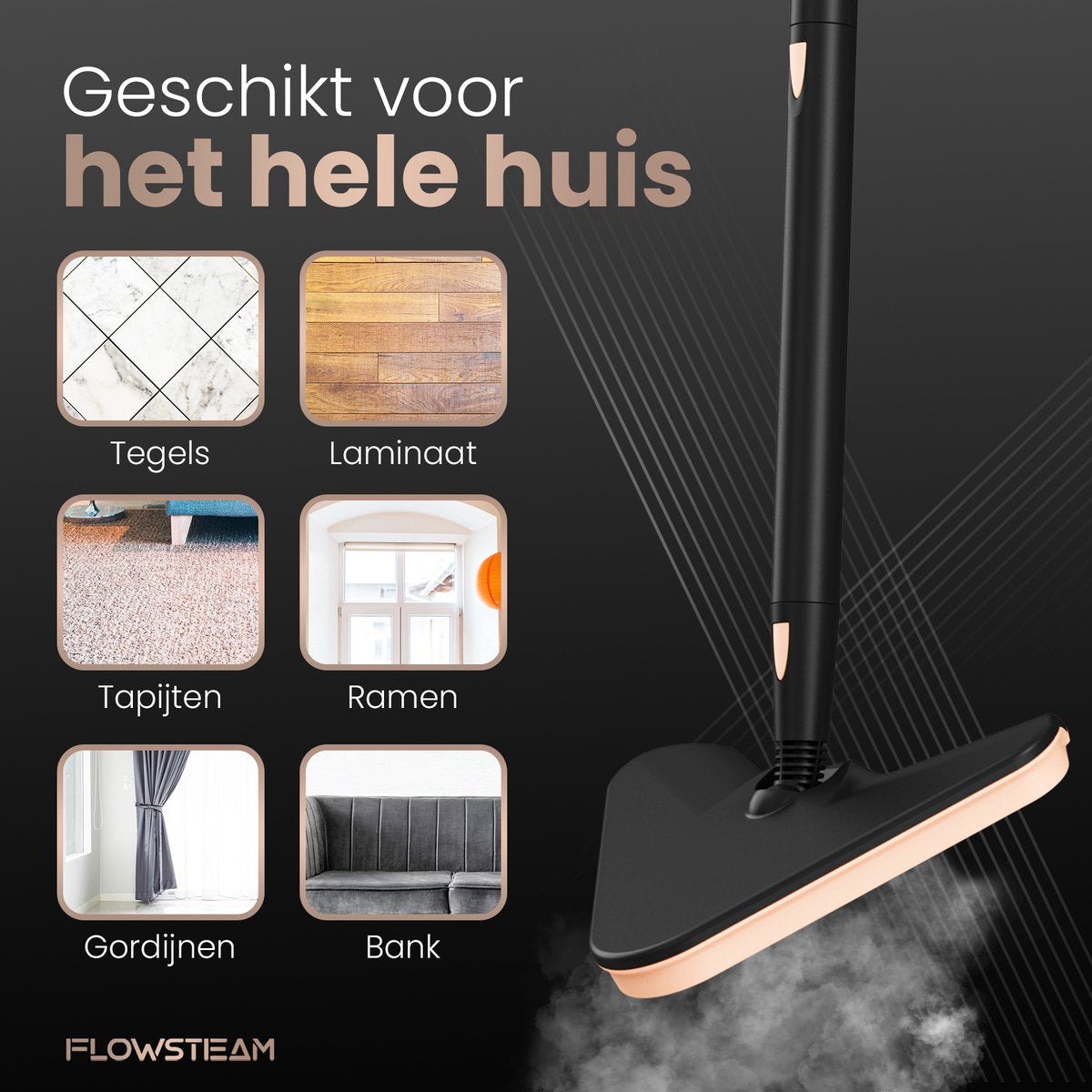 FLOWSTEAM® Luxe Stoomreiniger - 13 Opzetstukken - 120° Stoom – Tapijtreiniger – Vlekkenreiniger – Zetelreiniger - Handstoomreiniger – 5M Snoer - Inclusief 2 Microvezeldoekjes - afbeelding 3
