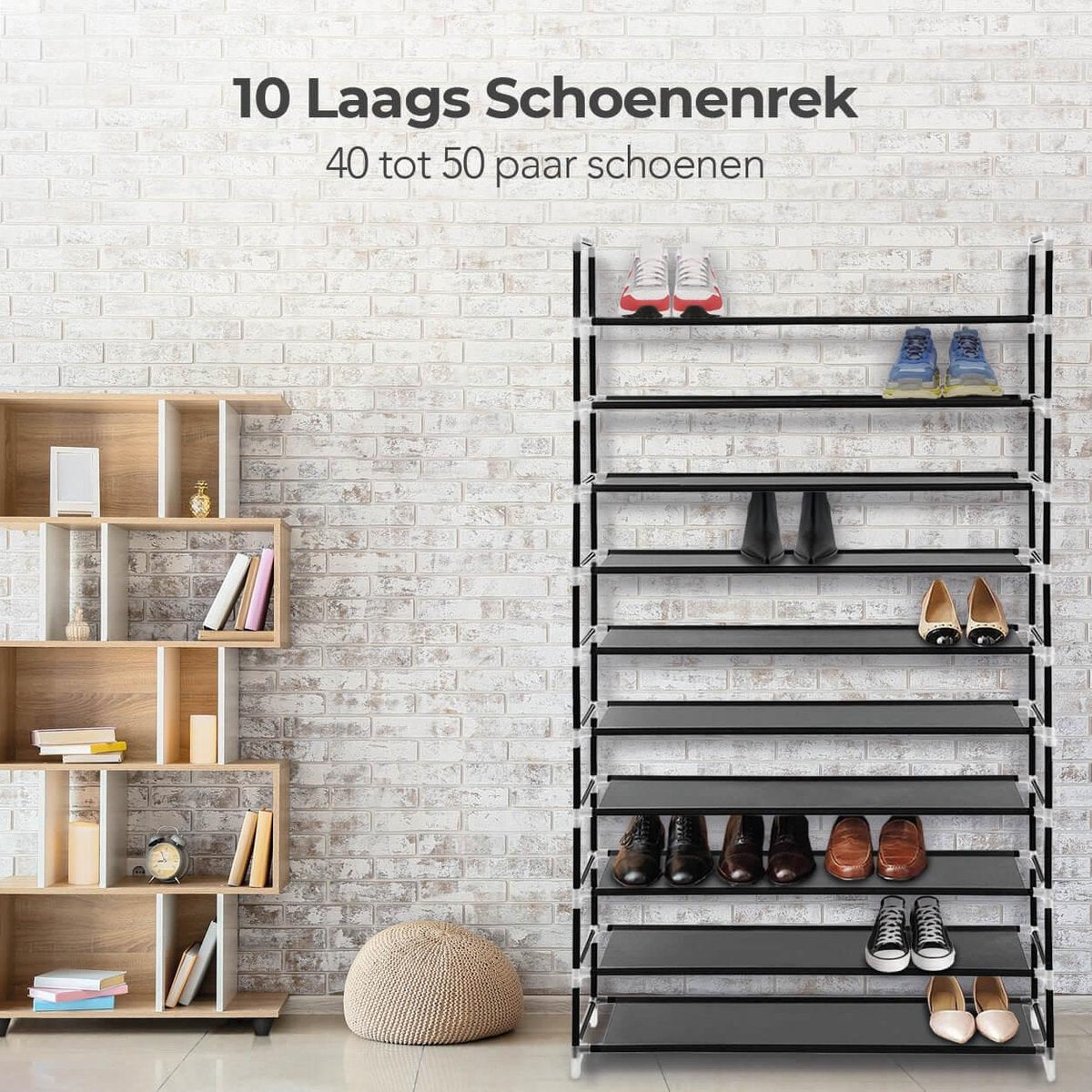 LifeGoods Schoenenrek - Schoenenkast - Voor 40 tot 50 Paar Schoenen - 10 Verstelbare Lagen - Schoenen Opbergsysteem - Kunststof – Zwart - afbeelding 4