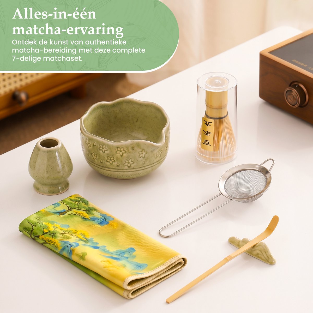 Twenty4seven® Matcha Set Compleet - 7-Delige Starterkit - Bamboe Whisk, Klopper & Kom - Accessoires voor Japanse Thee - Cadeauset - afbeelding 3