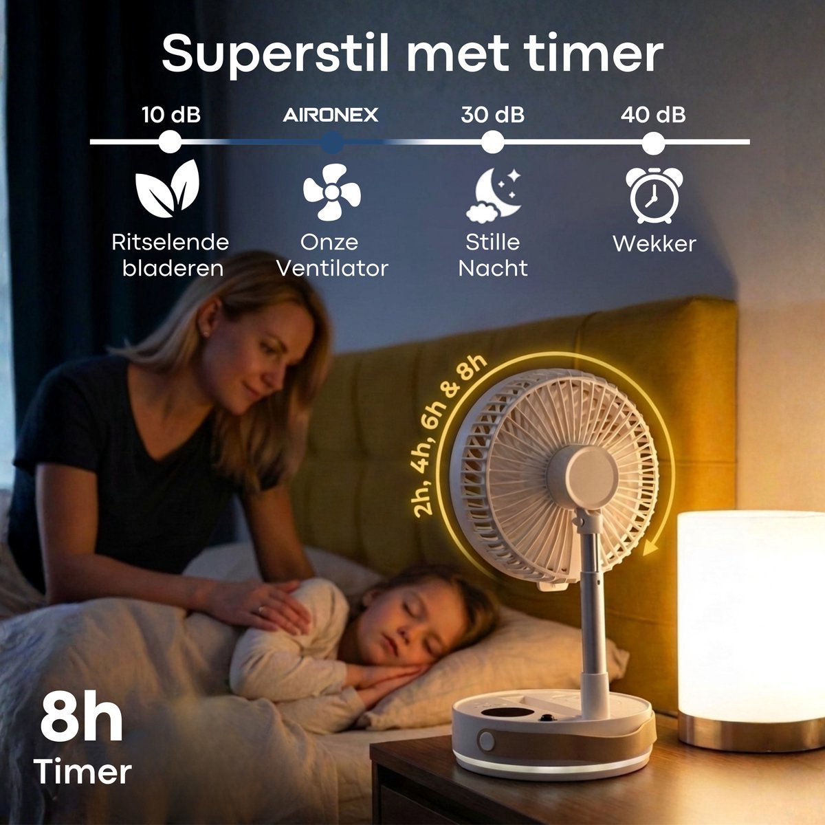 Aironex Opvouwbare Draagbare Ventilator – Stille Tafelventilator & Staande Ventilator – USB Oplaadbaar en Draadloos met LED-licht – Compacte Mini Ventilator voor Bureau, Slaapkamer, Thuis, Kantoor & Camping - Ventilatoren - afbeelding 5