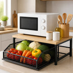 Verrijdbaar magnetronrek met lade - ijzeren frame en houten blad - keukenrek voor aanrecht, groente- en fruitmanden, potten en kruiden - zwart - afbeelding 5