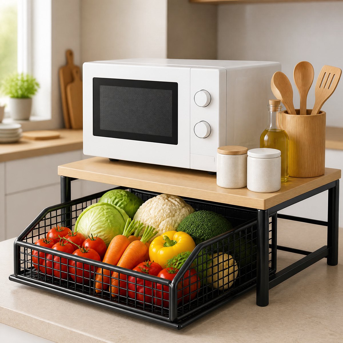 Verrijdbaar magnetronrek met lade - ijzeren frame en houten blad - keukenrek voor aanrecht, groente- en fruitmanden, potten en kruiden - zwart - afbeelding 5