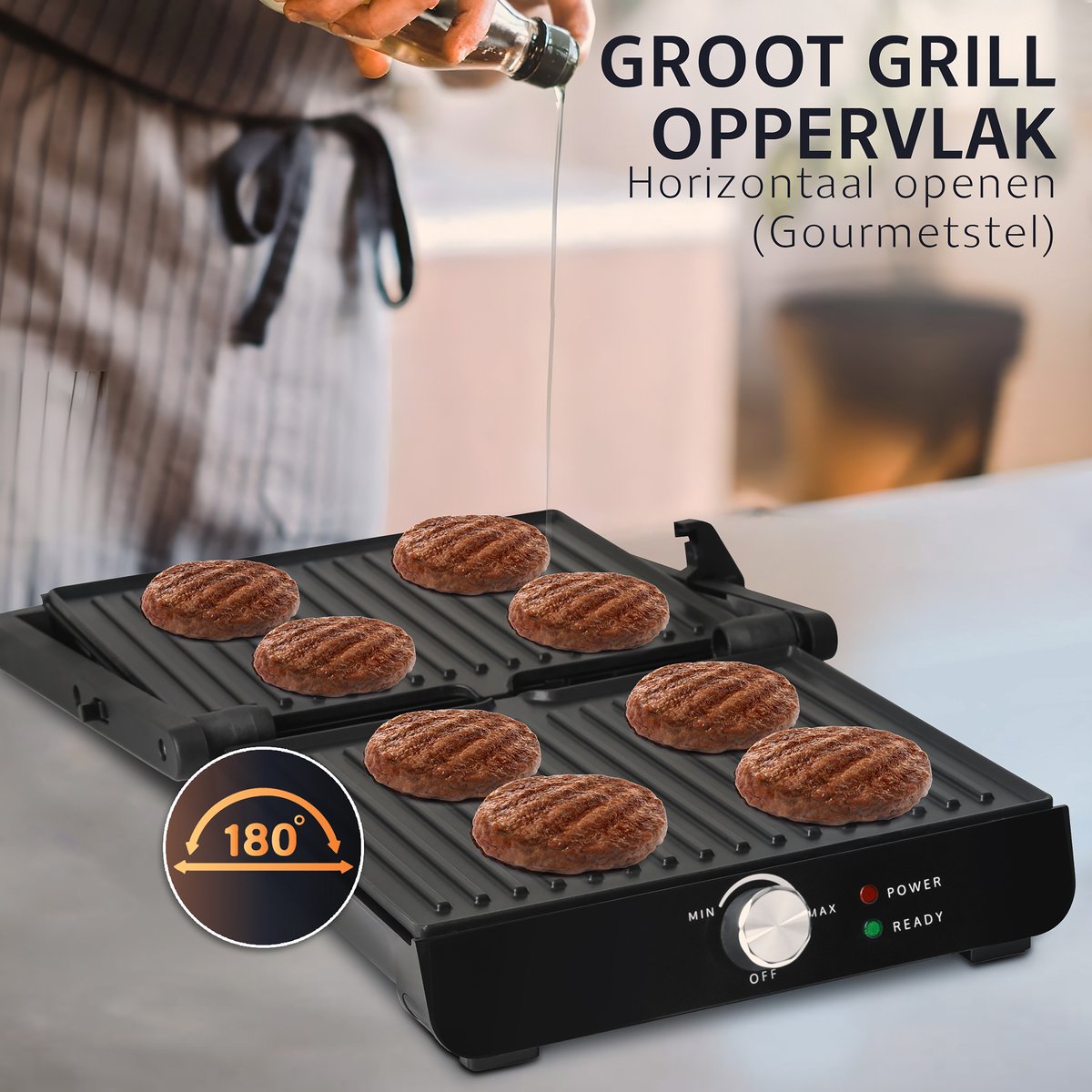 PFAS-Vrije Contactgrill (2000W) met temperatuur aanduiding - 180°C Uitklapbaar tosti apparaat - Inclusief vetbakje - <30 seconden opgewarmd grill ijzer - Zwart - JAP Appliance Caligrill - afbeelding 5