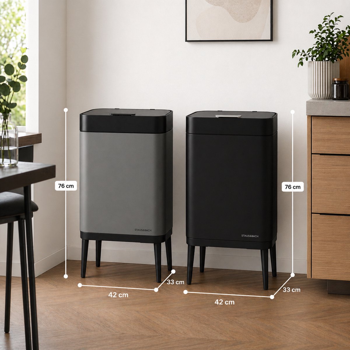 Prullenbak 60 liter - Inclusief afvalscheiderringen 2x 30 liter - 2 vakken - RVS - Zwart - 42x33x76cm - STAUS&BACH Nuvio - afbeelding 2