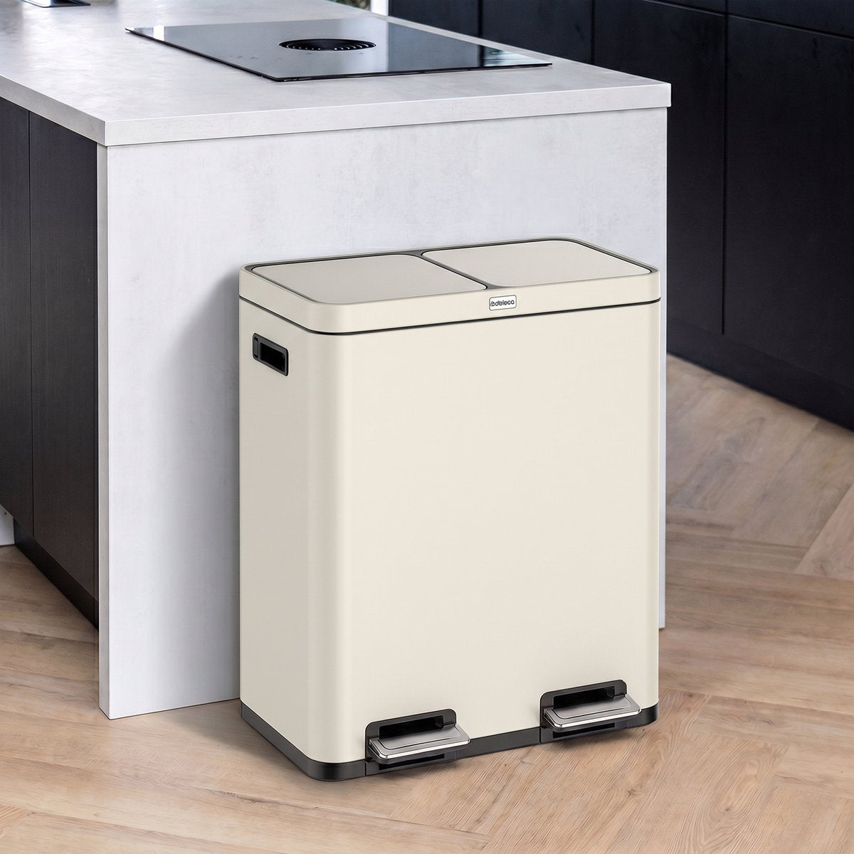Deleca Recycle Prullenbak met 2 Vakken - 60 Liter (2x30) Afvalbak - Afvalscheiding / Statiegeld container / Pedaalemmer - Vuilnisbak met FreshAura Geurbestrijding - Slow Close - RVS Mat Soft Beige - afbeelding 2