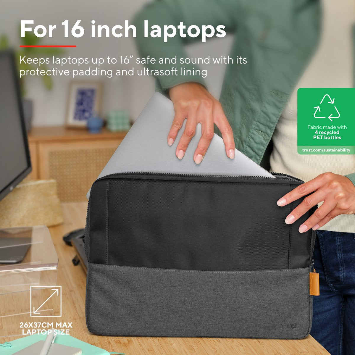 Trust Lisboa - Laptophoes - Laptop sleeve - 16 inch - Gerecycled materiaal - Zwart - afbeelding 5
