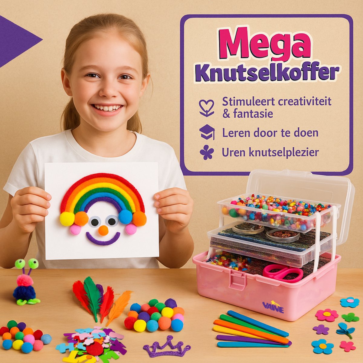Vaive Knutselkoffer 1432-delig – Knutselen Meisjes - Kralen, Veren, Pompons & Wiebeloogjes - Knutselset - Knutselspullen - Knutselpakketten - afbeelding 4