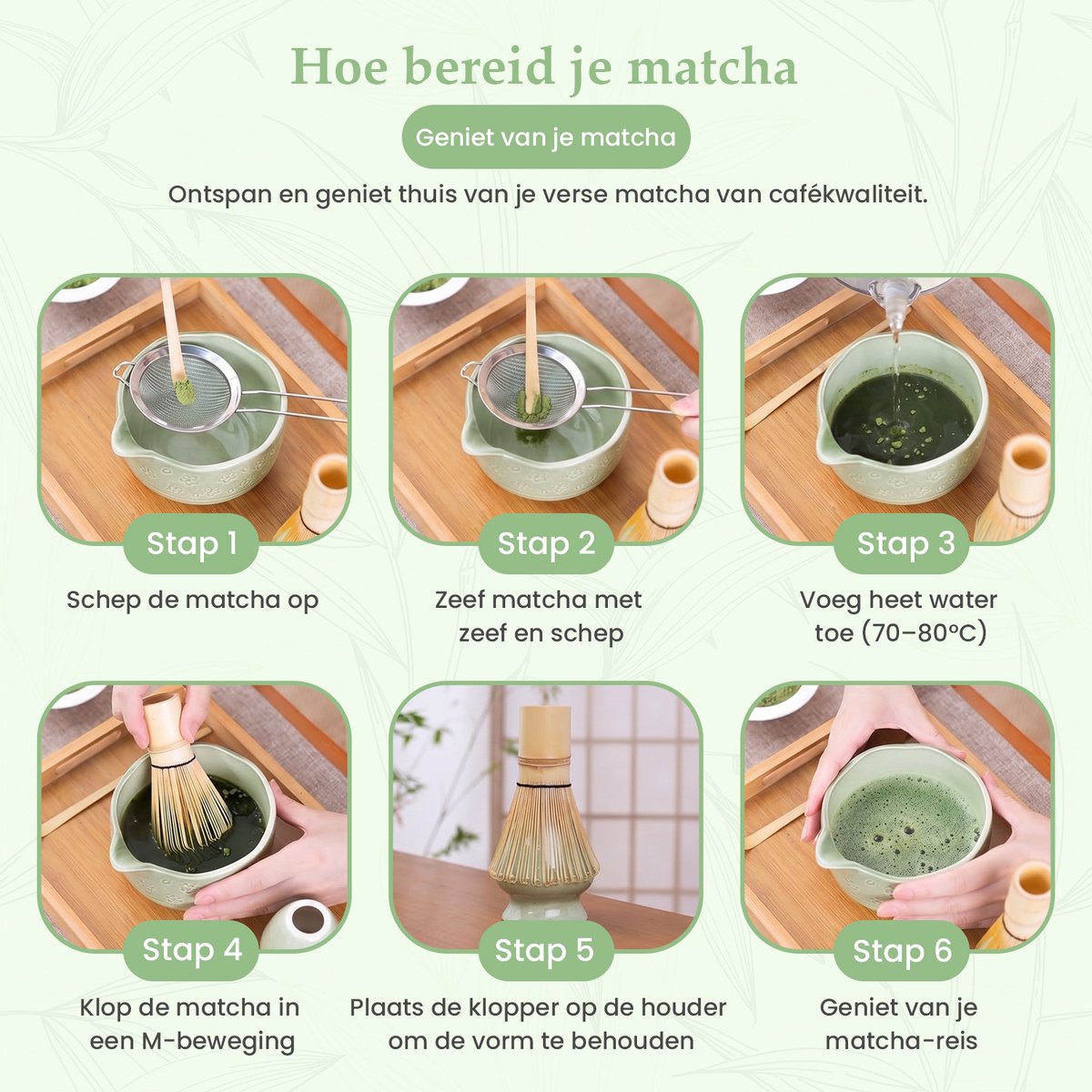 Twenty4seven® Matcha Set Compleet - 7-Delige Starterkit - Bamboe Whisk, Klopper & Kom - Accessoires voor Japanse Thee - Cadeauset - afbeelding 4