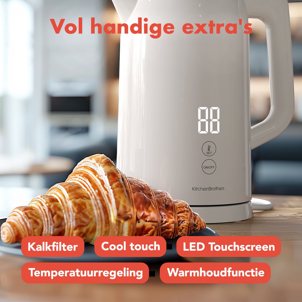 KitchenBrothers Waterkoker - 1.7L - Met Temperatuurregeling - PFAS- & BPA-vrij - Warmhoudfunctie - Display - Dubbelwandig - 2200W - Beige - afbeelding 3