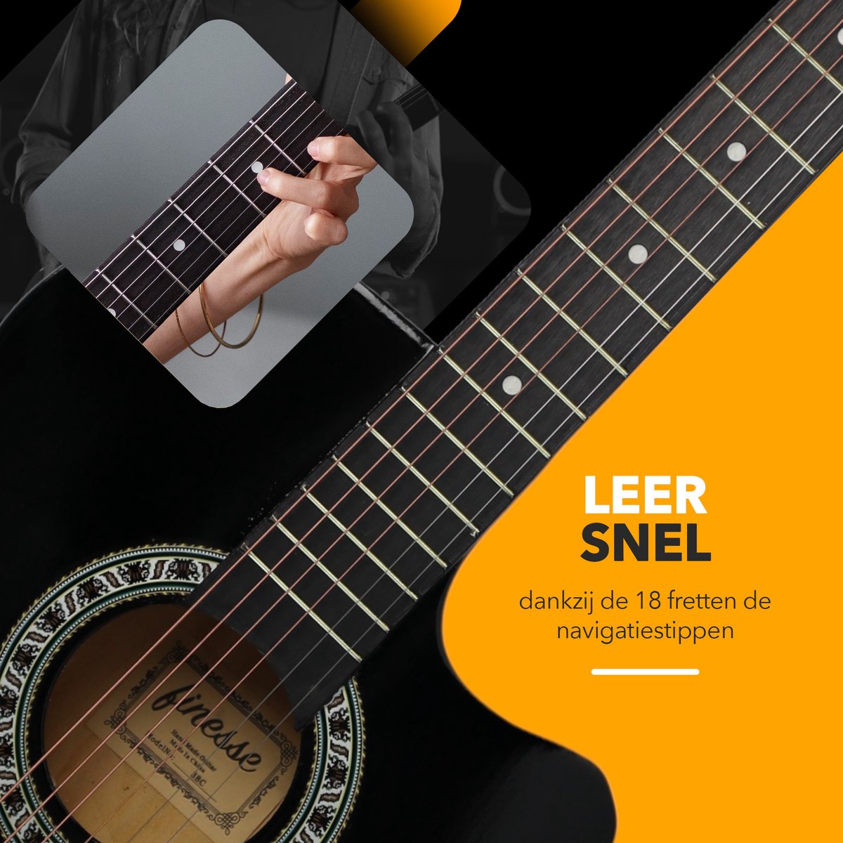 Finesse Akoestische Gitaar - met Videocursus - Western Gitaar - Gitaar Kind & Volwassenen - Zwart - afbeelding 3