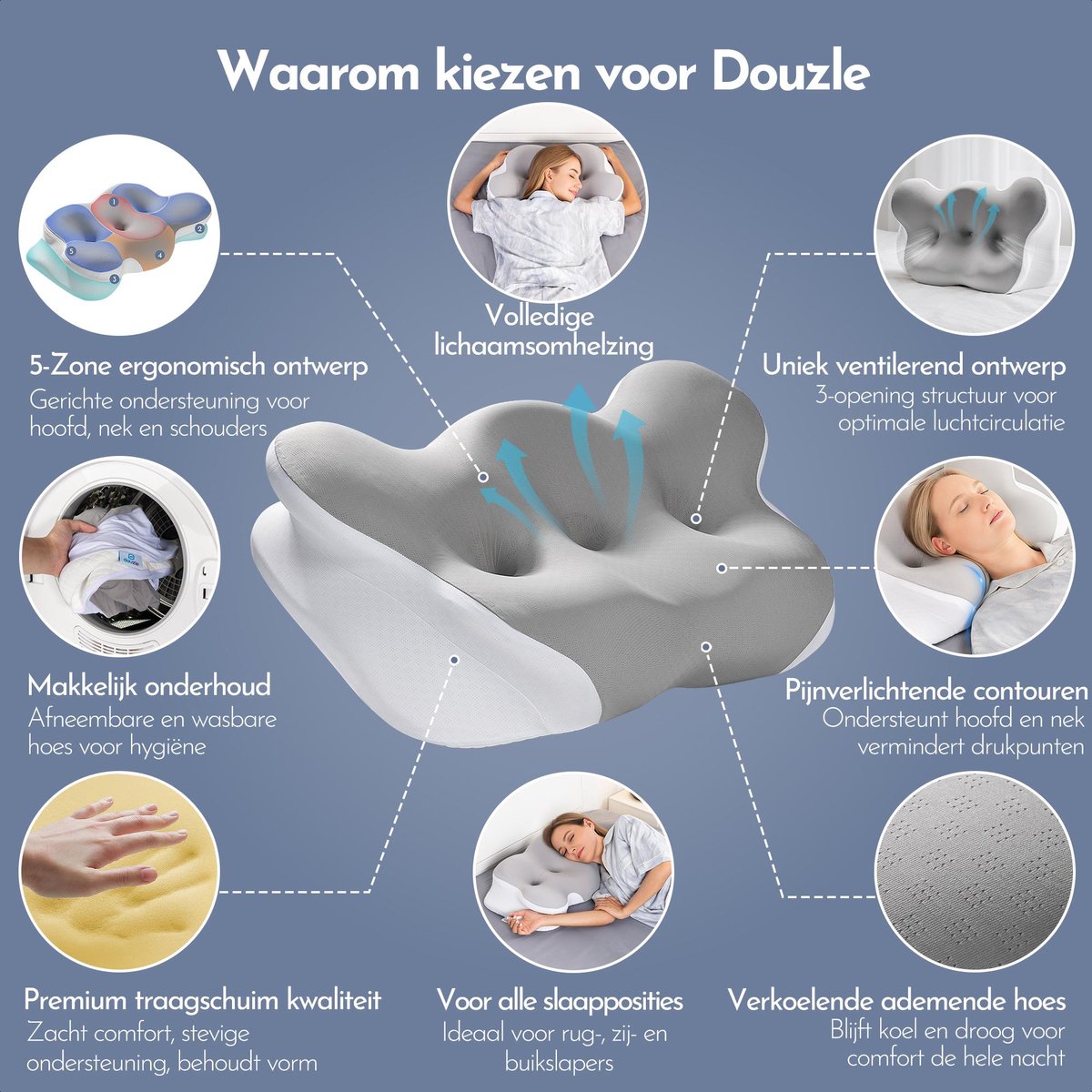 Anti Snurk Kussen – Vlinderkussen – Apneu Slaapkussen – Ademvrij Hoofdkussen – Slaap apneu Kussen – Traagschuim – 2 Hoogtes – 61x36cm – Douzle - afbeelding 4