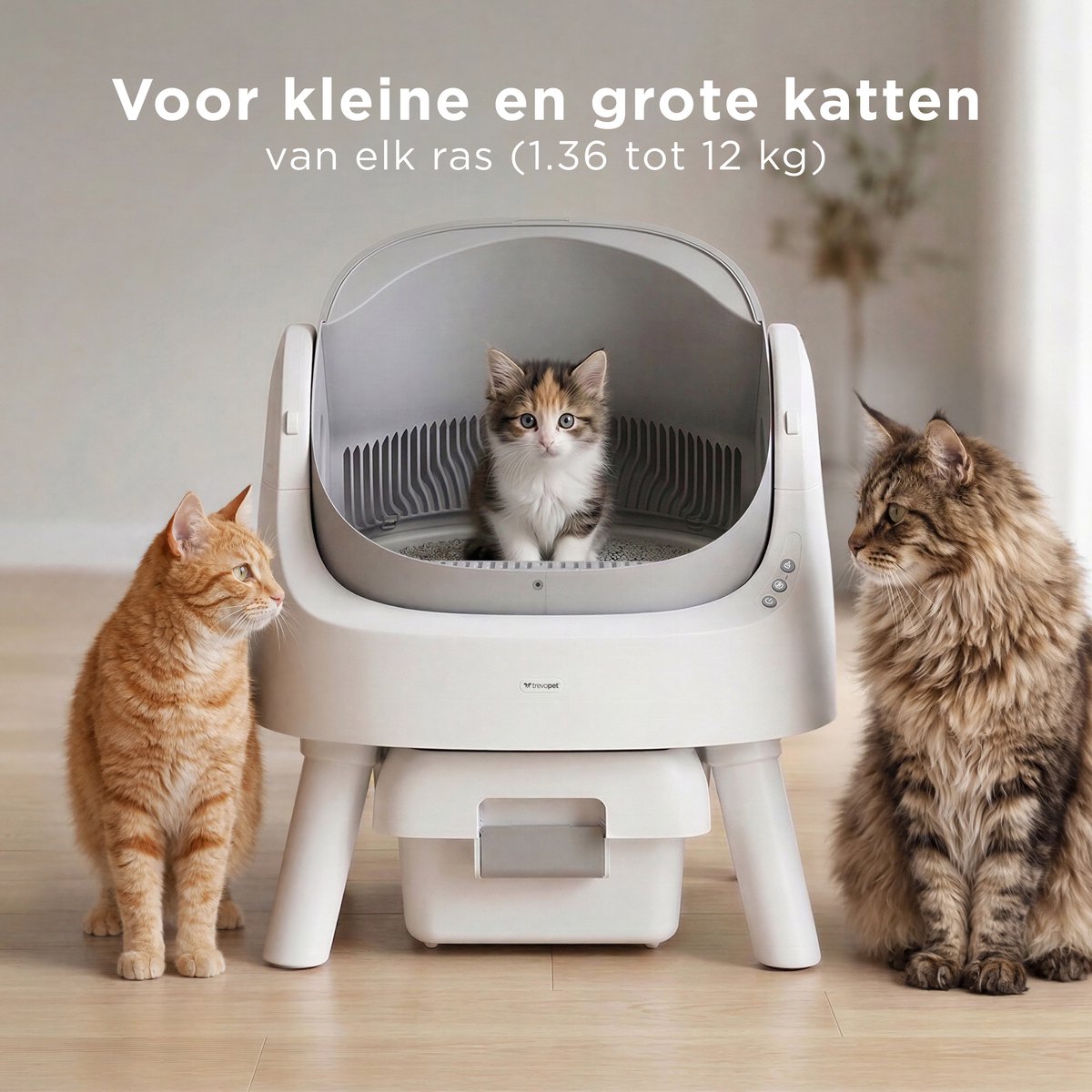 TrevoPet® Automatische Kattenbak - Zelfreinigend & Veilig - Voor Katten tot 12KG - Incl. Mat, 60 Afvalzakjes & Accessoires - 10L Afvalbak - Wit & Grijs - afbeelding 4