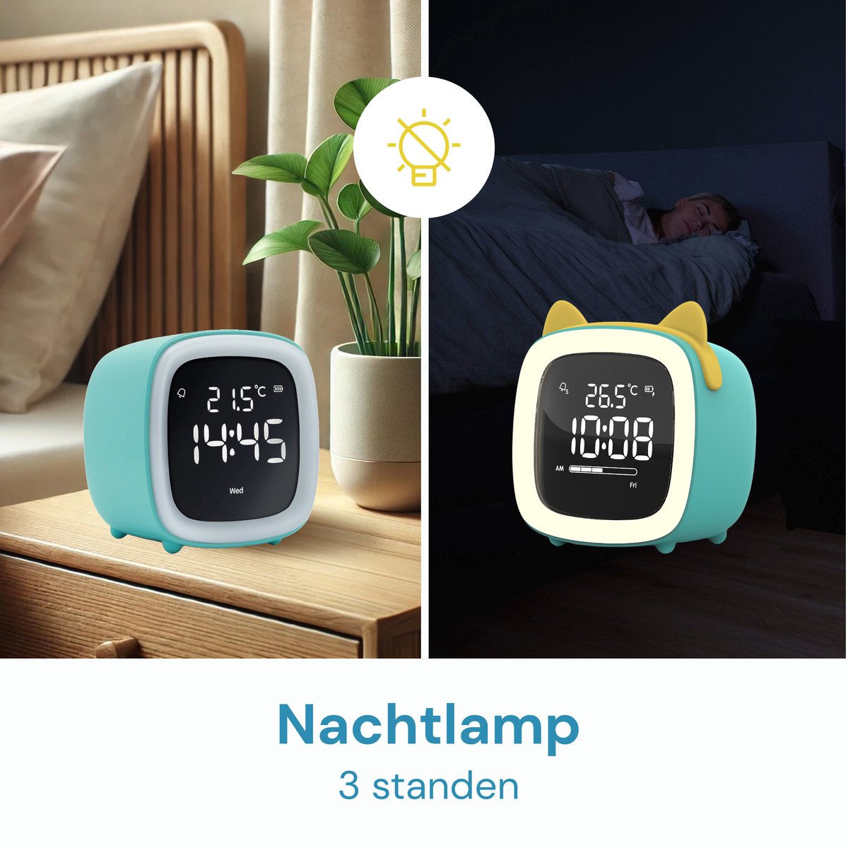 JustAnotherProduct AP18 - Oplaadbare digitale wekker met licht (3 standen) - Alarm klok met temperatuur (15.5°C tot 50°C) - 12/24h Alarm clock - Nachtlamp - Licht blauw - afbeelding 4