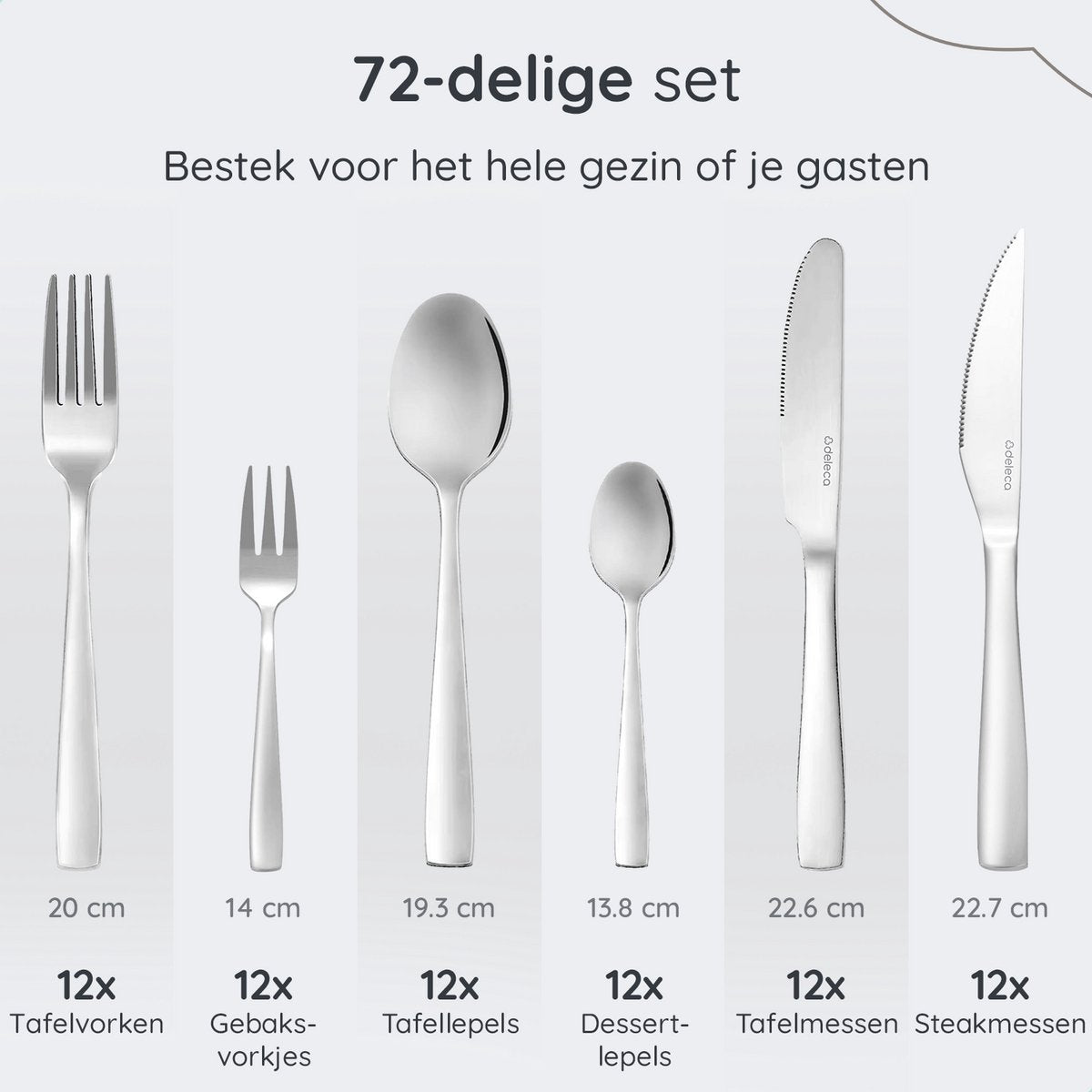 Deleca 12 Persoons Bestekset Essential (72-delig) - Lepels, Messen, Vorken, Steakmessen & Gebaksvorkjes - Vaatwasserbestendig Bestek - Glanzend Zilver / Edelstaal - afbeelding 2