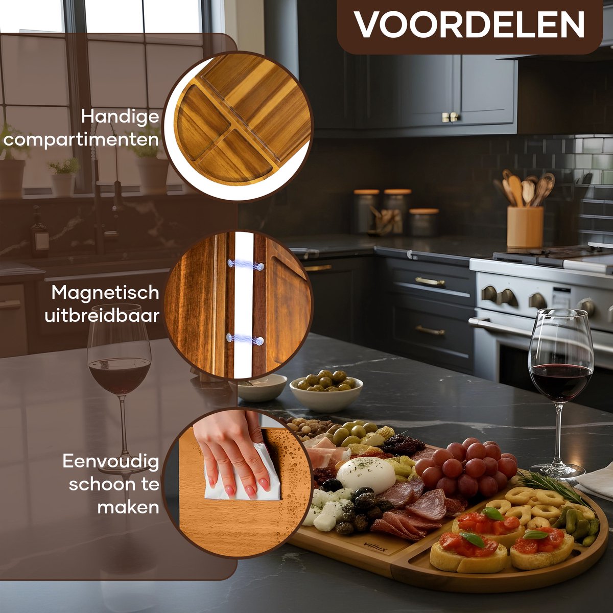 Villux Tapasplank - Borrelplank - Serveerplank - Kaasplank - Hapjesplank - Taspasplank Acacia - Borrelplank Magnetisch- Inclusief Ebook - 66CM - afbeelding 4