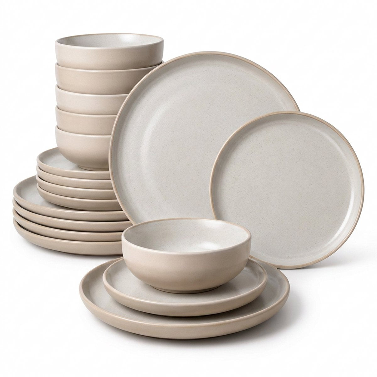 Deleca Serviesset 6 Personen Serra - 18-delig - Aardewerk - Grote en Kleine Borden met Schaaltjes - Keramiek Bordenset & Soepkommen - Japandi Stijl - Soft Beige - afbeelding 1