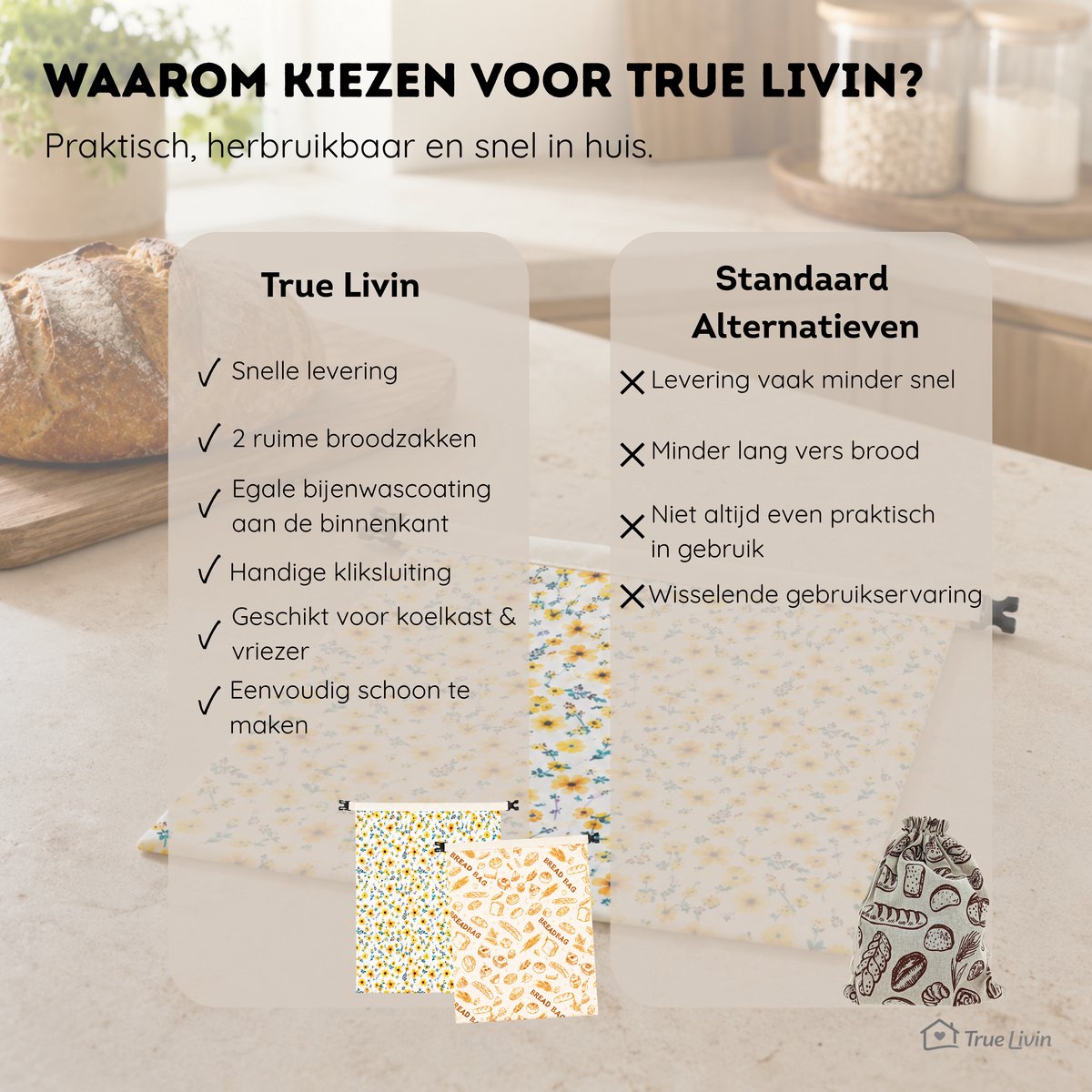 True Livin Bijenwas Broodzak 2-Pack – 43x33 cm – Herbruikbare Broodzakken voor Zelfgebakken Brood & Zuurdesem – Plasticvrij, Ademend en Vriezerbestendig - afbeelding 3