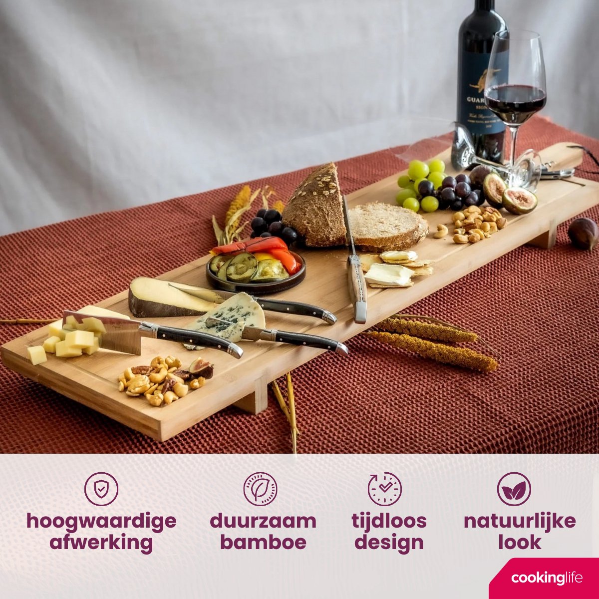 Cookinglife Serveerplank XXL - Bamboe - 100 x 26 cm - Extra Grote Tapasplank - Gemaakt van Duurzaam Bamboe - Voor het Stijlvol Serveren van Hapjes en Gerechten​ - afbeelding 5