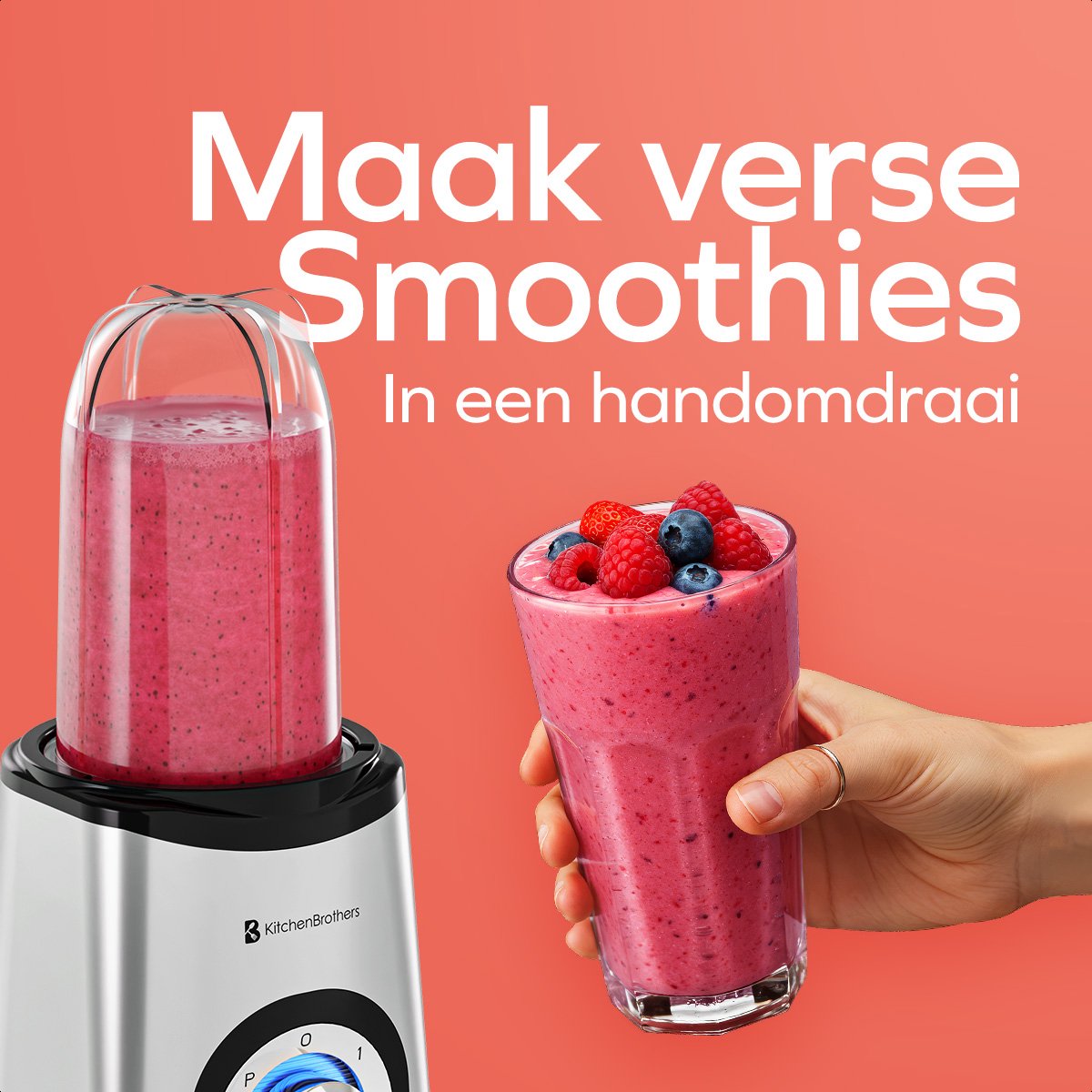 KitchenBrothers Smoothie Blender - 2-in-1 - Blender to Go - 4 Bekers - Smoothie Maker To Go - Mini Blender - Zilver - afbeelding 4