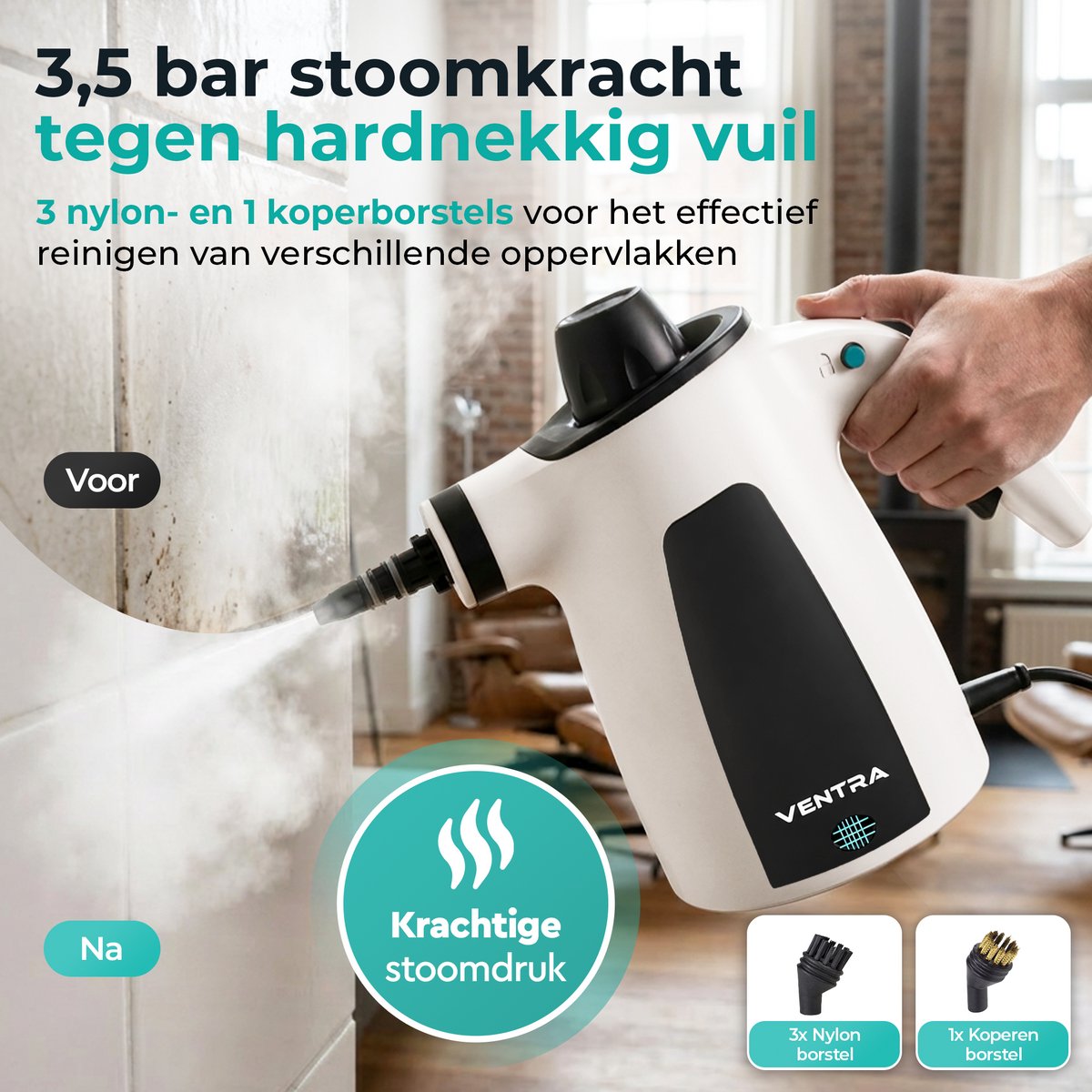 VENTRA® 15 Delige Stoomreiniger - Steam Cleaner - Handstoomreiniger - 3.5 Bar - Extra Krachtig - 5 Meter Stroomkabel - afbeelding 2