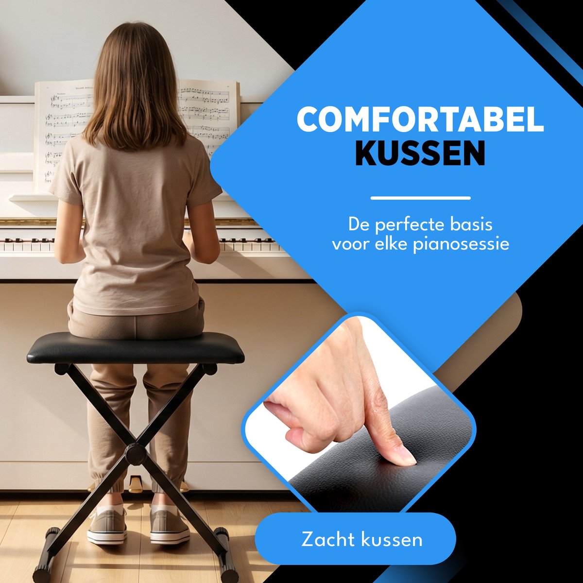 Finesse Pianokruk - Inklapbaar - in Hoogte Verstelbaar - met Kussen - Pianobank - Pianostoel - Zwart - afbeelding 2