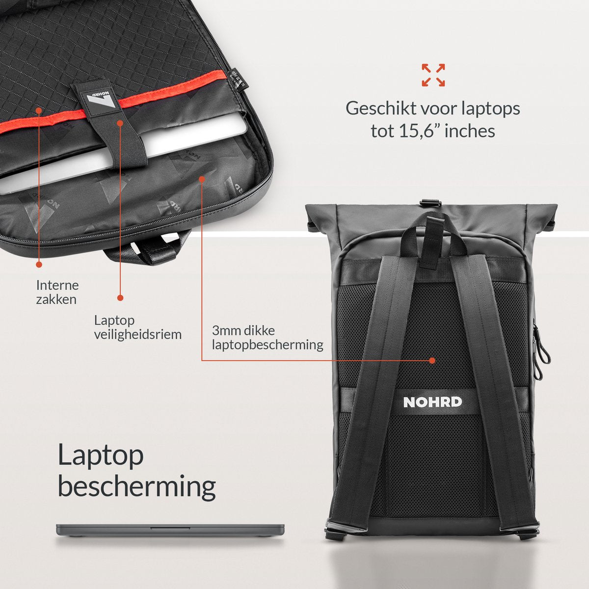 NOHRD Rolltop Laptop Rugzak - 20 tot 40 L - Laptoptas 15.6 Inch - Schooltas - Rugtas met Laptopvak - Dames & Heren - afbeelding 3