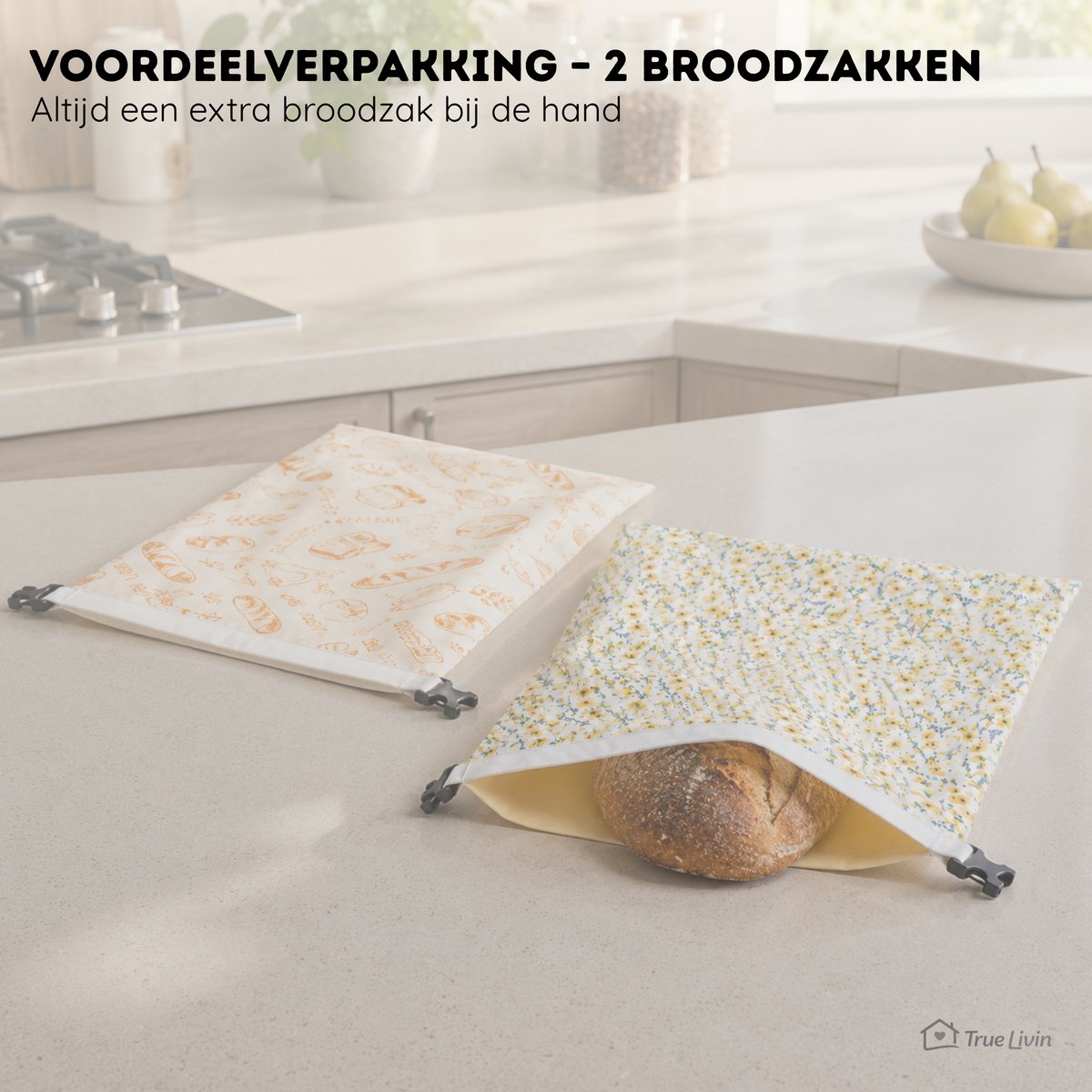 True Livin Bijenwas Broodzak 2-Pack – 43x33 cm – Herbruikbare Broodzakken voor Zelfgebakken Brood & Zuurdesem – Plasticvrij, Ademend en Vriezerbestendig - afbeelding 5