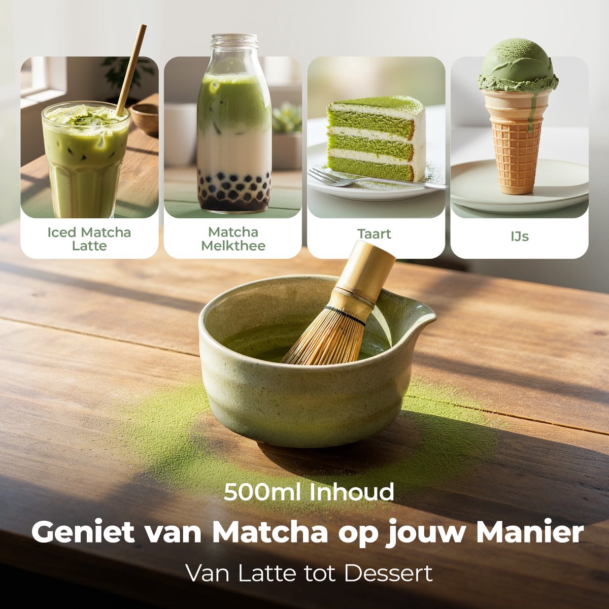 Comforder Matcha Set - 5 Delige Starterkit met Whisk Klopper en Kom - Thee Set Groen - afbeelding 2