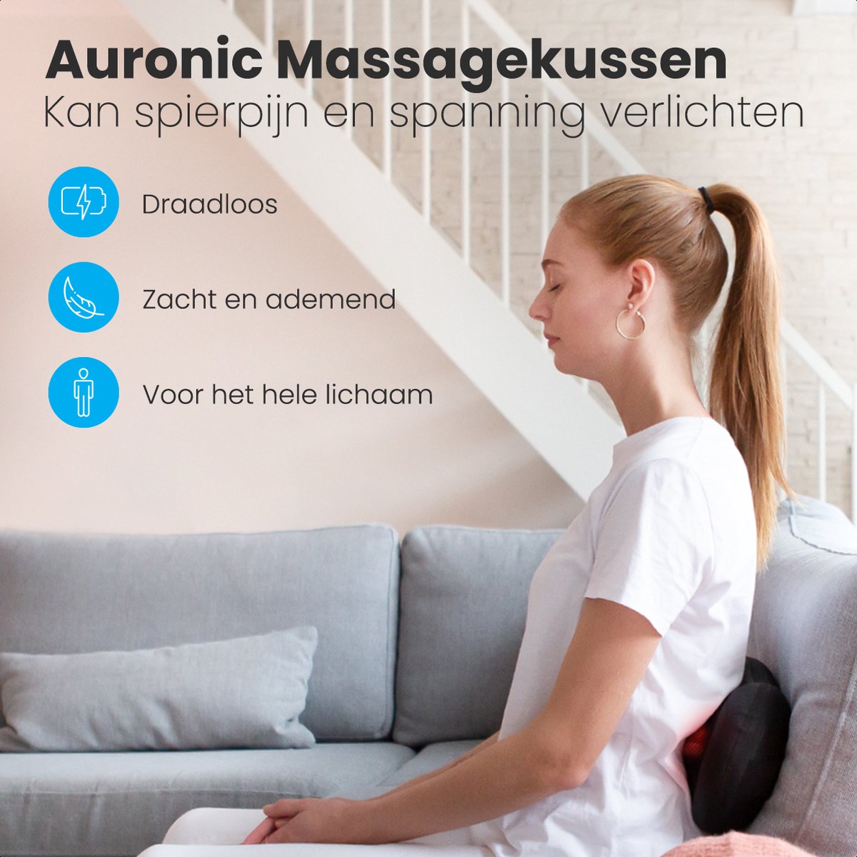 Auronic Draadloos Shiatsu Massage kussen - Elektrisch Nek en Rug Massage Apparaat - Infrarood Warmte Functie - afbeelding 2
