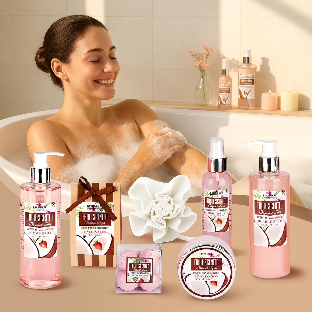 BRUBAKER Cosmetics Bad- en Doucheset, Kokosnoot & Aardbeigeur - Cadeautip Vrouw - Cadeau Idee - 11-delige Cadeauset in Vintage Plantenbak - Cadeau - Bodylotion - douchegel - Moederdag Cadeautje - afbeelding 3