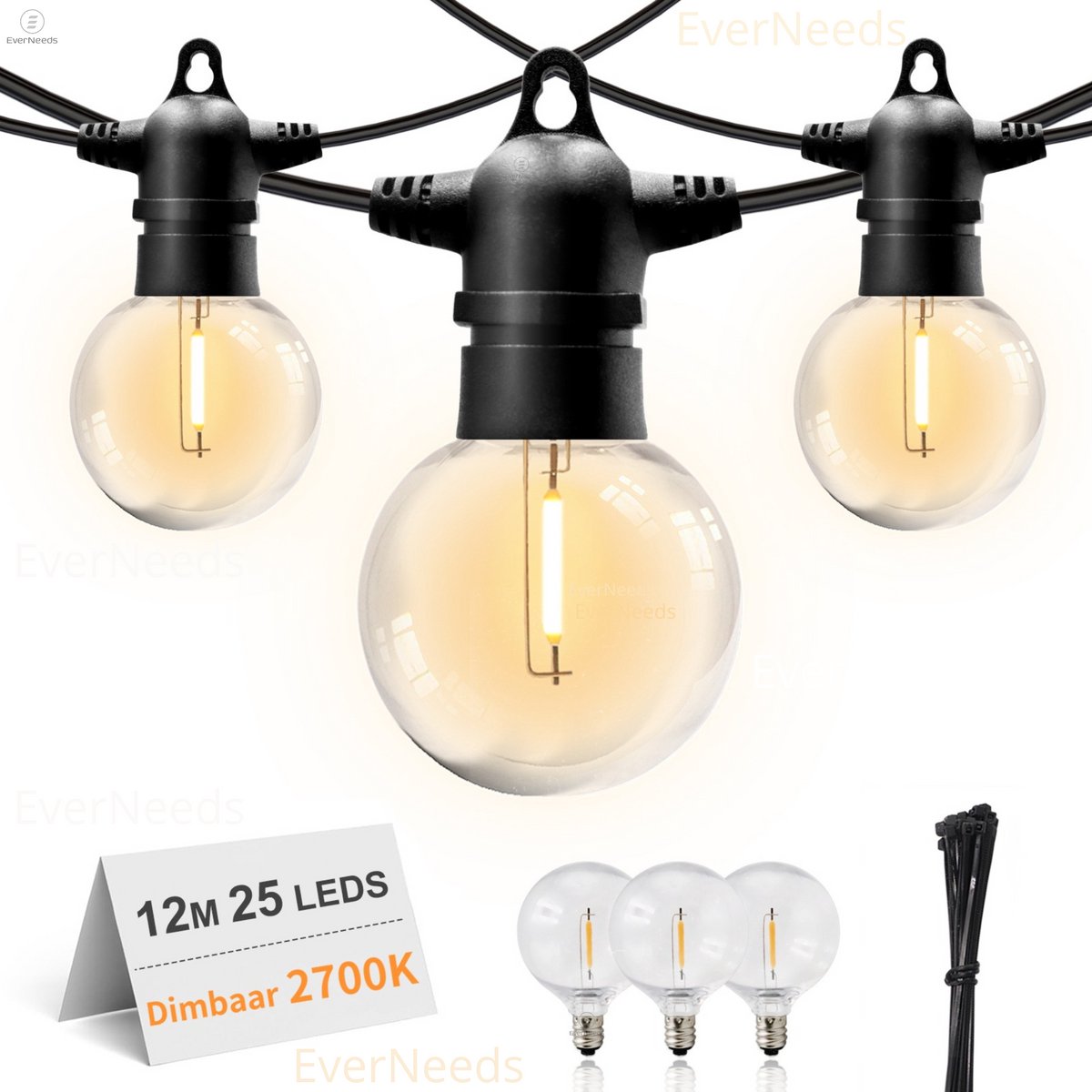 EverNeeds G50 Lichtsnoer Buiten - Prikkabel 12m - 25 LED - IP65 - Met Dimfunctie - Lichtslinger - Sfeerverlichting Buiten en Binnen - Warm Wit 2700K - 3 Extra LED’s - afbeelding 1