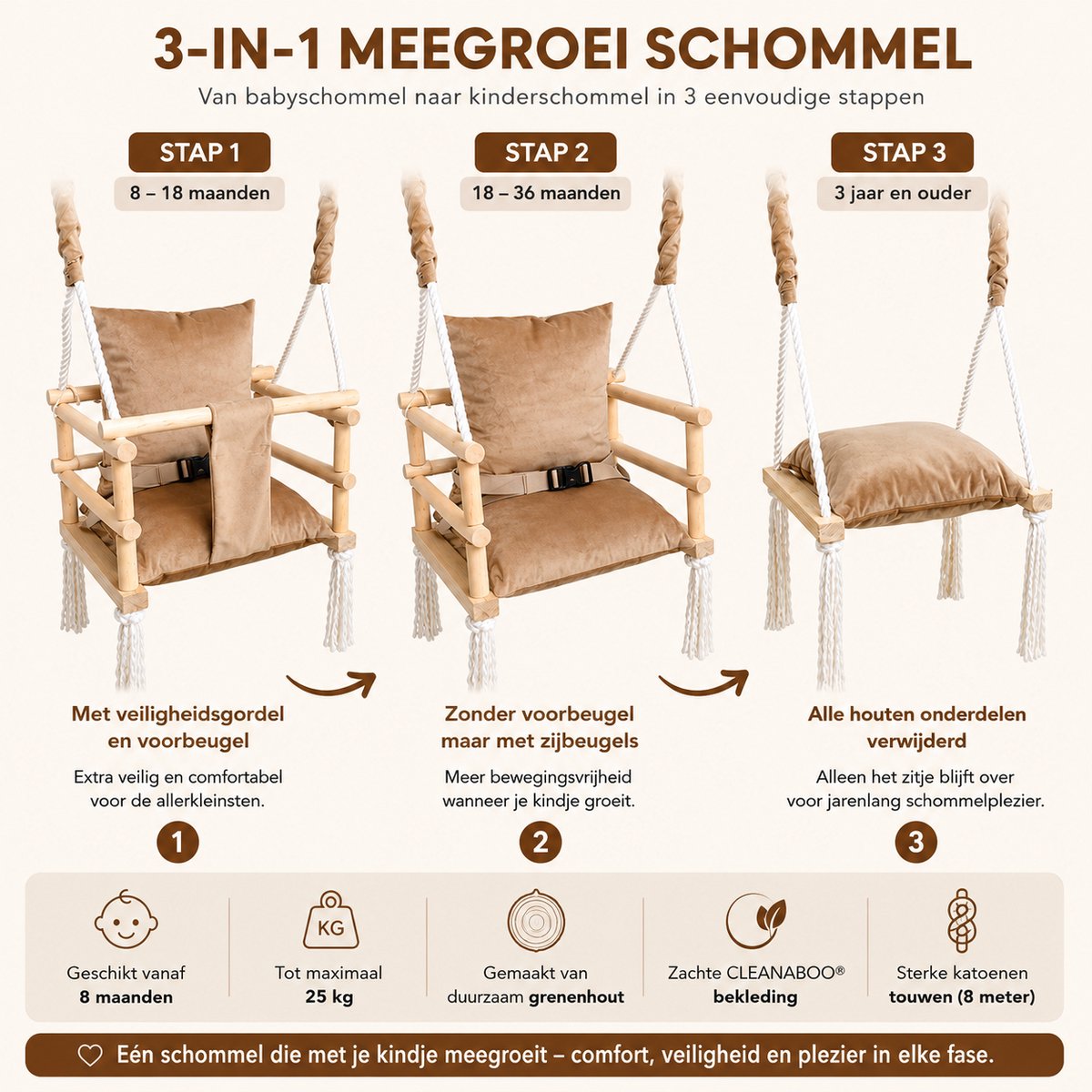 Trendmix Houten Babyschommel 3-in-1 – Meegroei Kinderschommel – Vanaf 8 Maanden – Beige/Bruin – Tot 25 kg - afbeelding 2