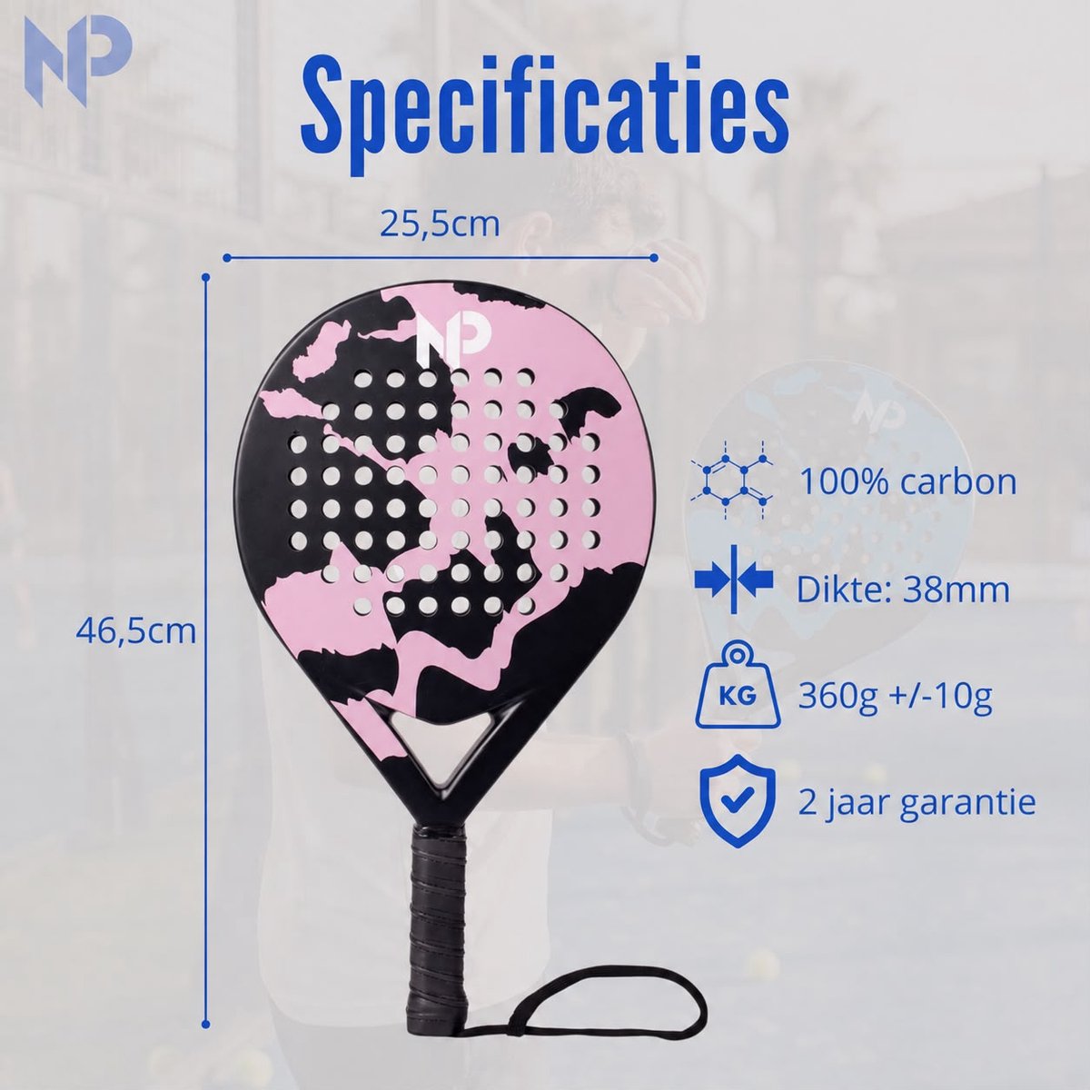 No Peak Padel racket Roze - Padel - Inclusief Padel tas, padel ballen - 100% Carbon Padelracket - afbeelding 3