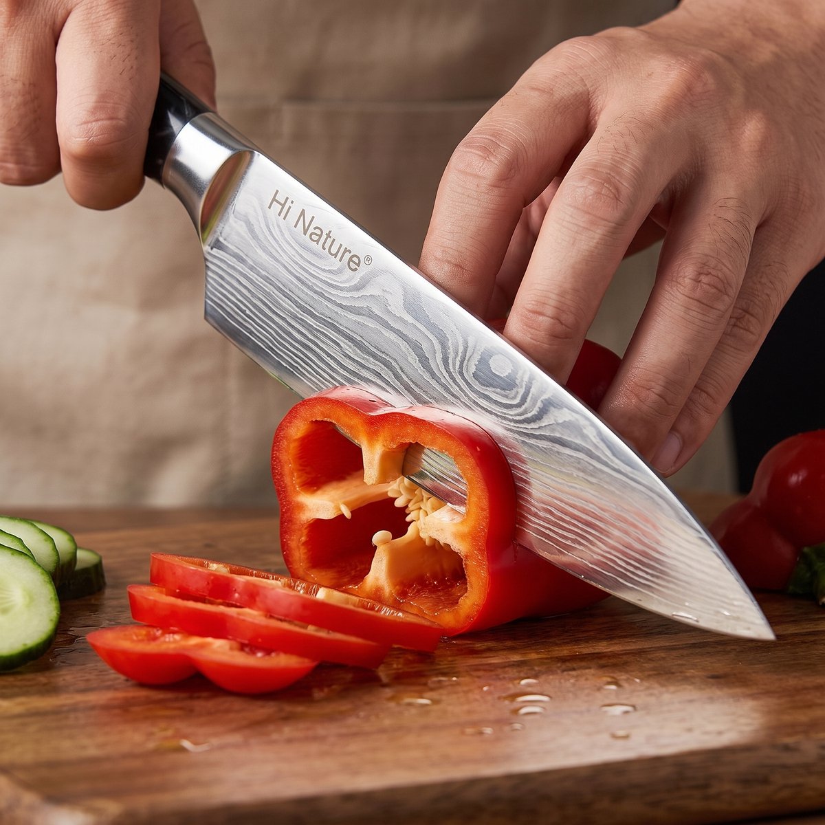 HI NATURE™ Koksmessen - Professioneel Koksmes Japans 20 CM Lemmet - Chef knife Damascus Patroon - Keuken Mes - Vleesmes - Japans Snijmes | Ergonomisch Handvat Koksmessen - japanse messen - Zwart - afbeelding 3
