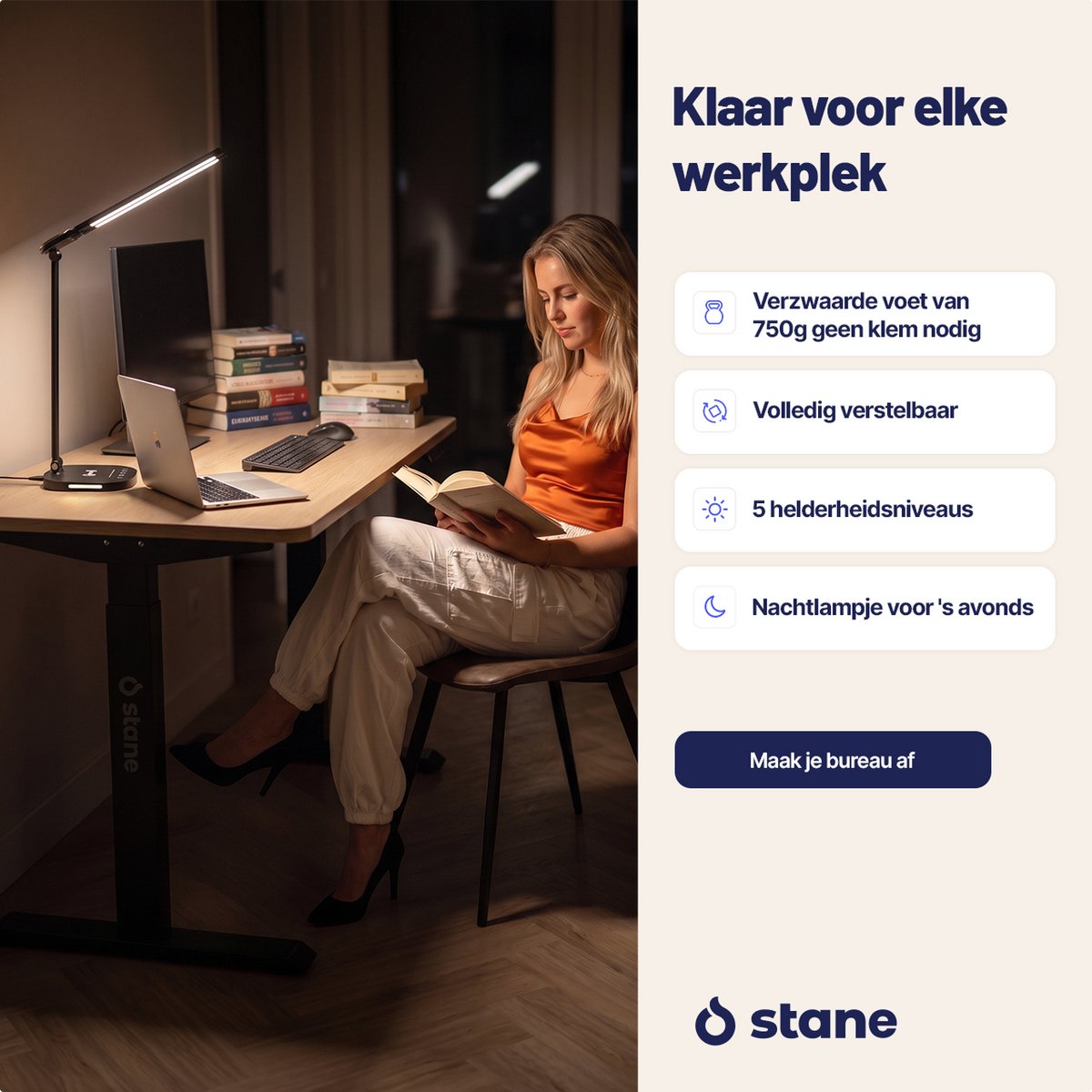 Stane Dubbele Bureaulamp LED Dimbaar - 2 Draaibare Lampenkoppen - 5 Lichtkleuren (2700K-6000K) - Touchbediening - USB Oplader - Tafellamp - Werklamp - Zwart - afbeelding 2