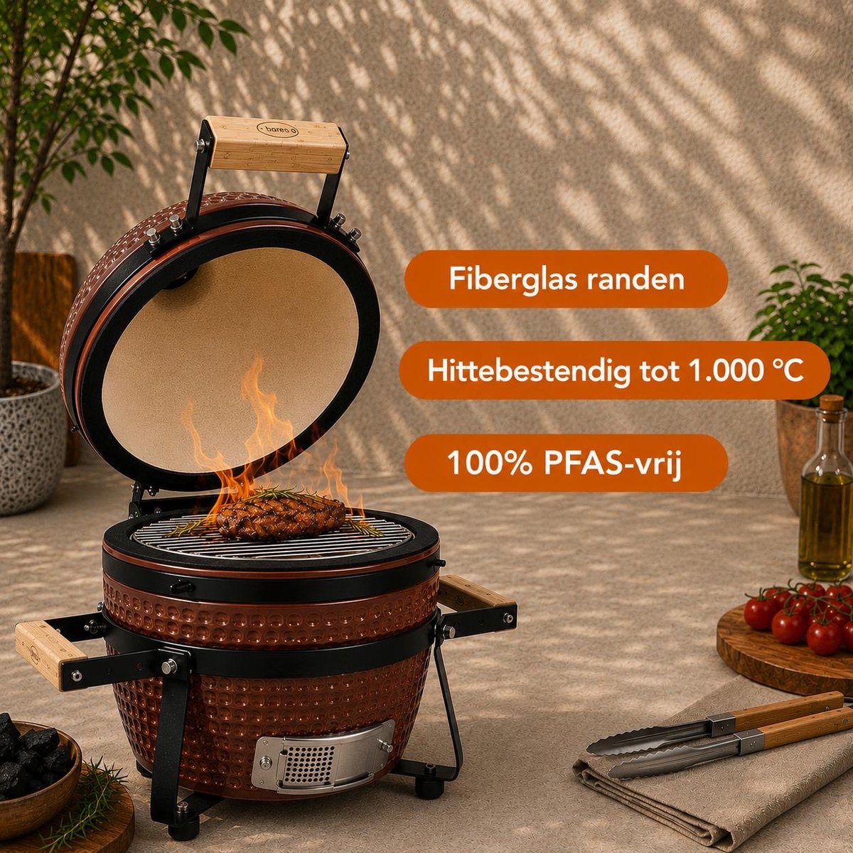 Barero Kamado BBQ - 13 inch houtskool barbecue - inclusief onderstel - Egg met Accesoires - Rood - PFAS-vrij - afbeelding 4