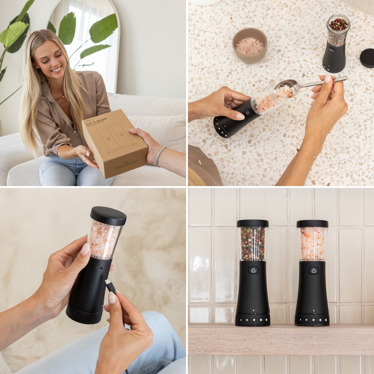 Deleca Elektrisch Peper en Zoutmolen Set Gustaro - 130ml Opslag Capaciteit - Luxe Zout & Pepermolen Stel - Instelbare Maalgraad - Geschenkverpakking Kerst / Sinterklaas Cadeau - USB Oplaadbaar / Zwart - afbeelding 2
