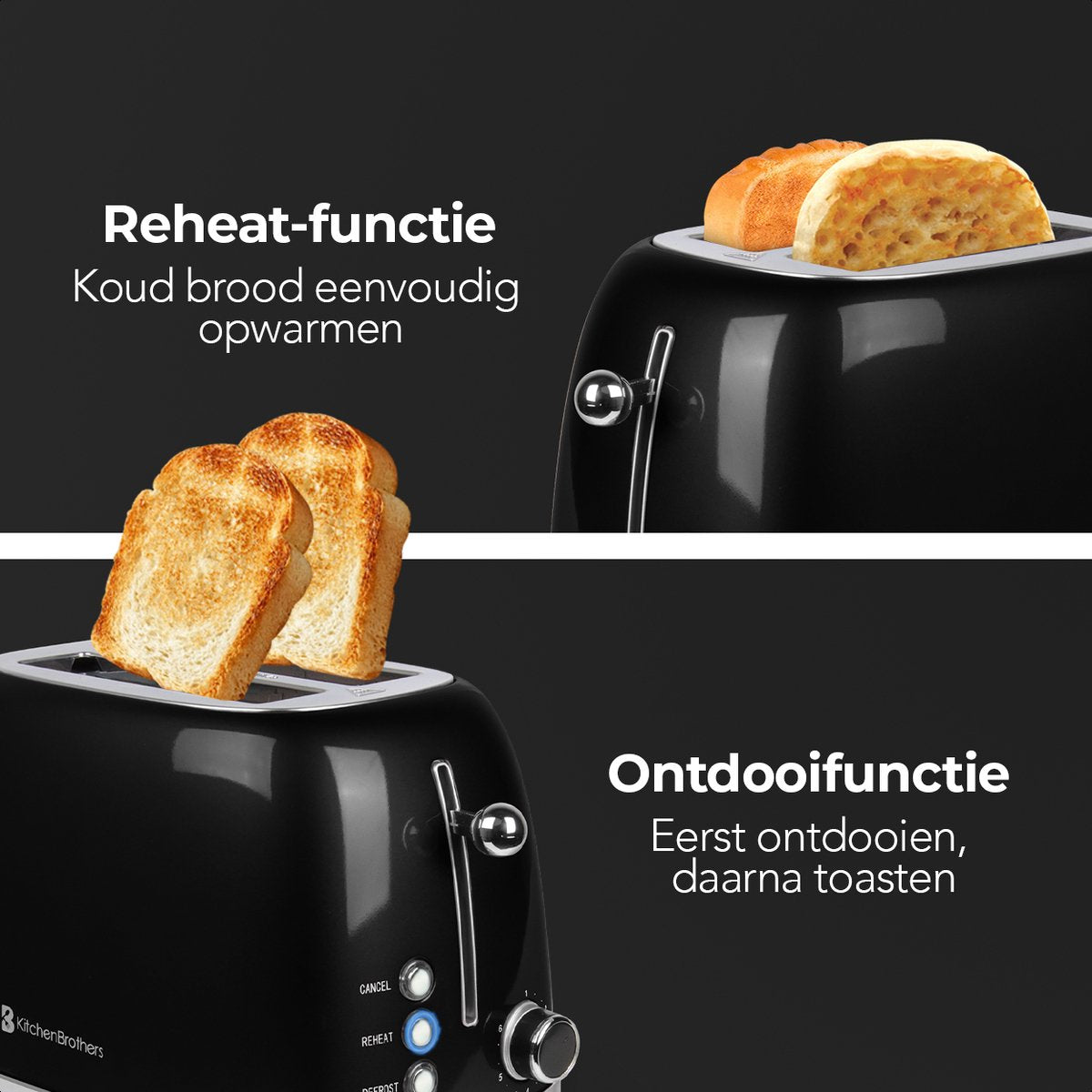 KitchenBrothers Retro Broodrooster - Toaster - 6 Warmteniveaus - 2 Extra Brede Sleuven - BPA-vrij - 815W - Zwart - afbeelding 4