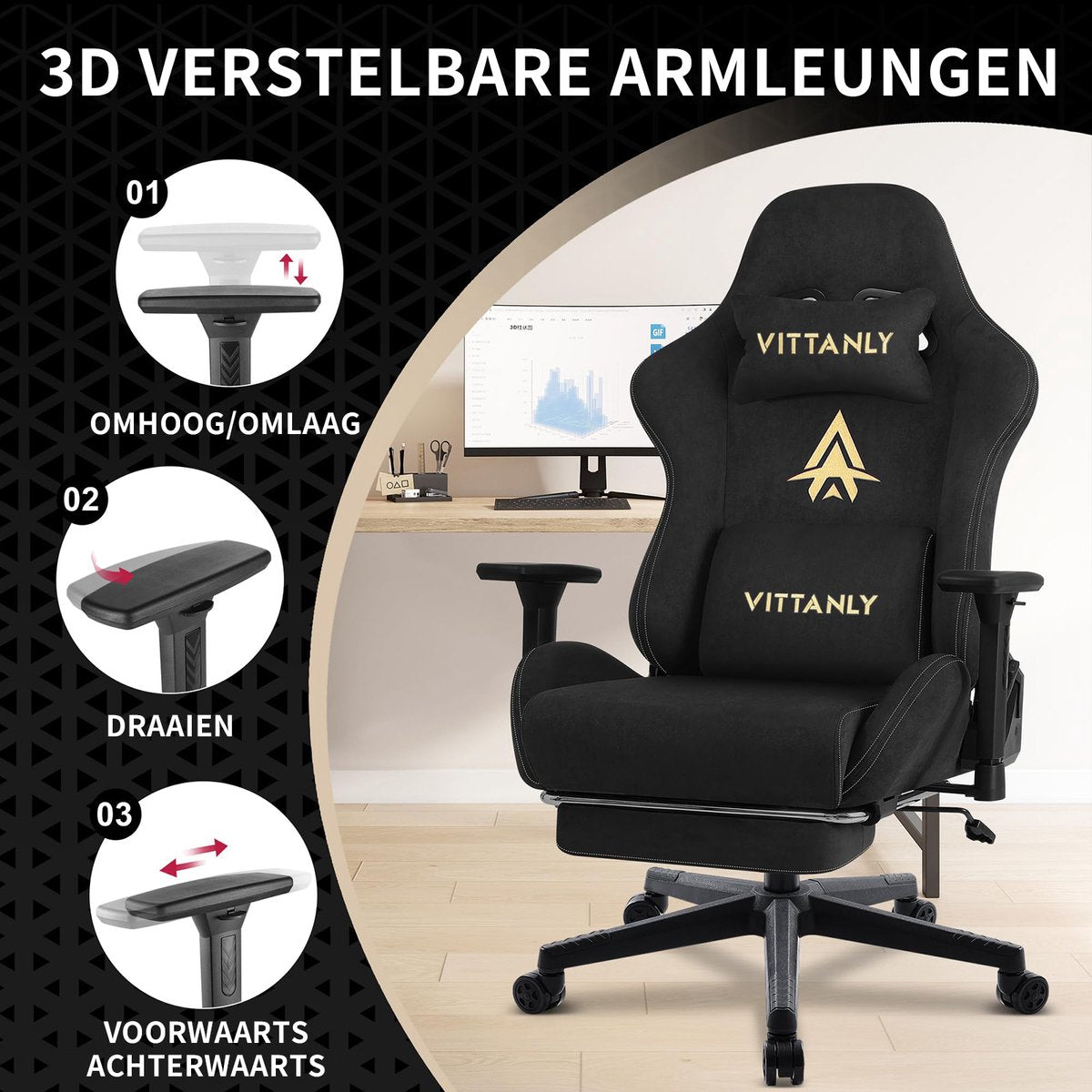 Gaming stoel - luxe imitatie suède Gamestoel- ergonomische bureaustoel met voetensteun - hoofdsteun en lendenkussen-3D armleuningen-90-155 graden rugleuning-zwart - afbeelding 4