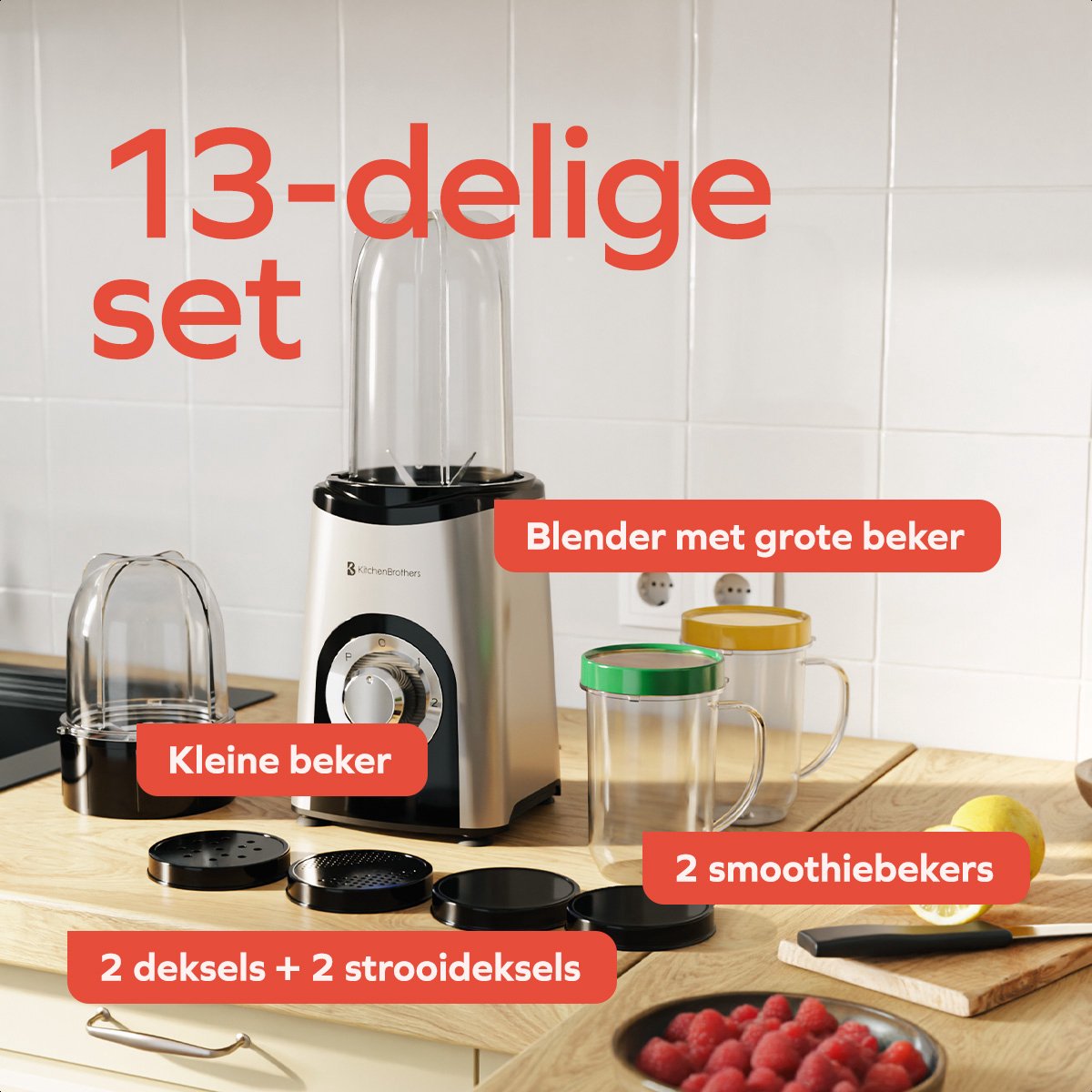 KitchenBrothers Smoothie Blender - 2-in-1 - Blender to Go - 4 Bekers - Smoothie Maker To Go - Mini Blender - Zilver - afbeelding 3