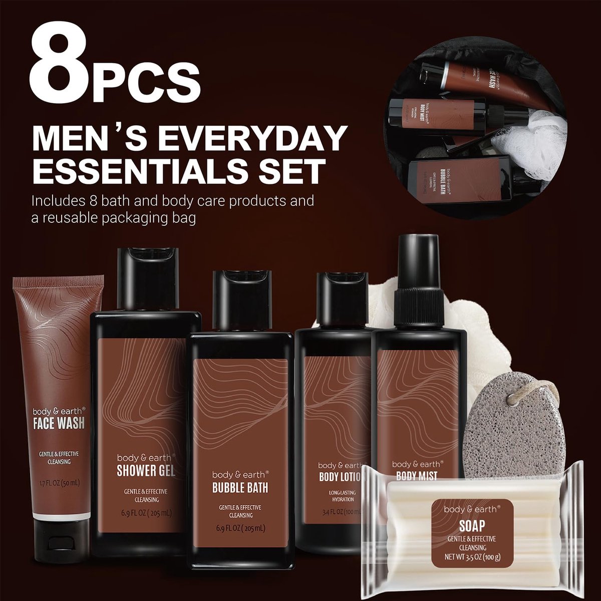 Body & Earth - Cadeau voor Man Verjaardag - Geschenkset Mannen Sandalwood - Cadeauset in Toilettas - Stoer Cadeaupakket Heren Wellness bath - Cadeau Pakket voor Hem - Verwenpakket Mannen, vriend, papa, broer, vader - Wellness dag cadeautje - afbeelding 2