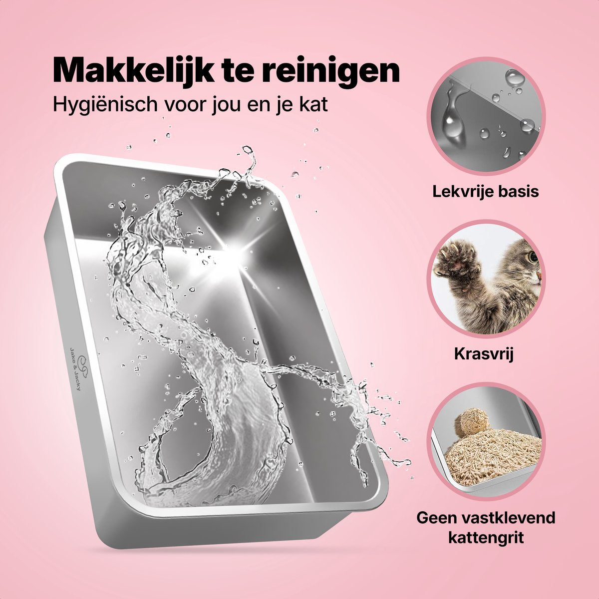 Jake and Jacky RVS Kattenbak - Kattentoilet Roestvrijstaal - Incl. Kattenbakschep met Houder en Gritopvang Opstapje - 2 in 1 Open Kattenbak met Afneembare Deksel - 60x40x38cm - Zwart - afbeelding 4
