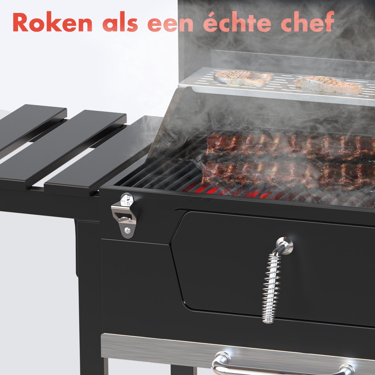 KitchenBrothers Houtskool BBQ - Smoker Barbecue - Verstelbaar Kolenrooster - PFAS Vrij - 42x57cm Grilloppervlak - Zijpanelen - Zwart - afbeelding 3