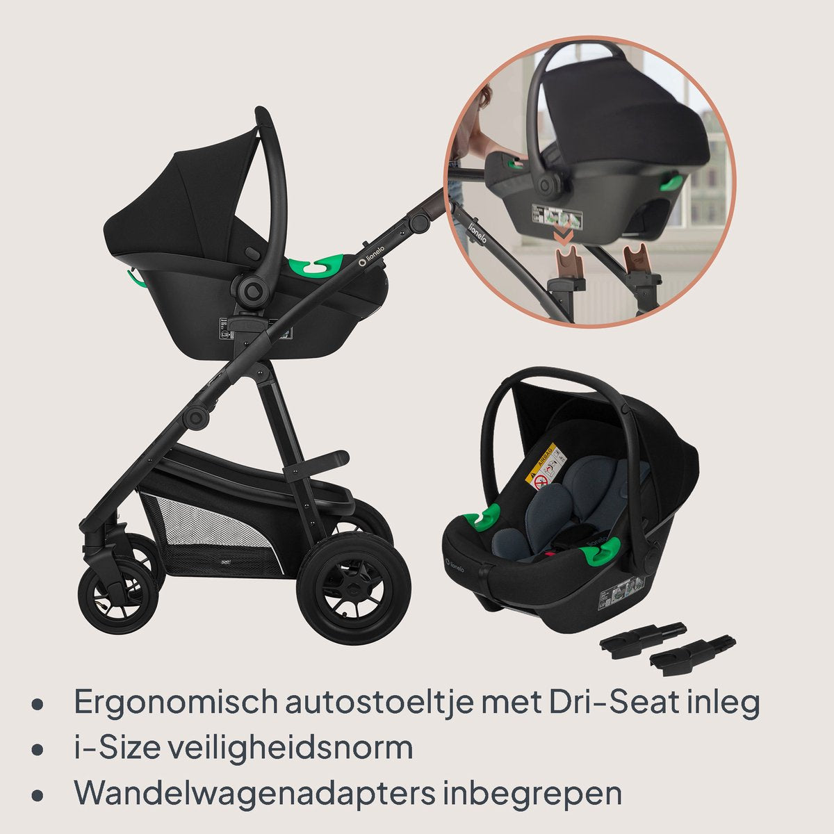 Lionelo Bianka Kinderwagen 3 in 1 - Reiswieg + Wandelwagen + Autostoel - Grote Luchtbanden, Volledige Vering - Inklapbaar - Verstelbare duwstang - Buggy Omkeerbare Zitting - 0-22kg - Accessoireset - Beige - afbeelding 4
