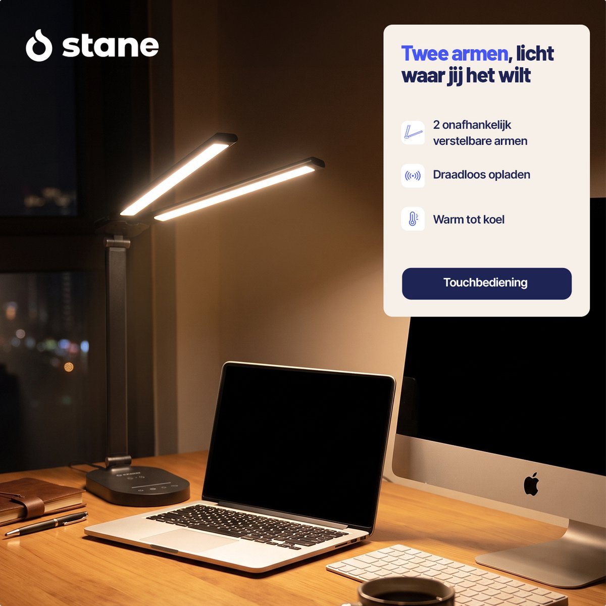 Stane Dubbele Bureaulamp LED Dimbaar - 2 Draaibare Lampenkoppen - 5 Lichtkleuren (2700K-6000K) - Touchbediening - USB Oplader - Tafellamp - Werklamp - Zwart - afbeelding 5